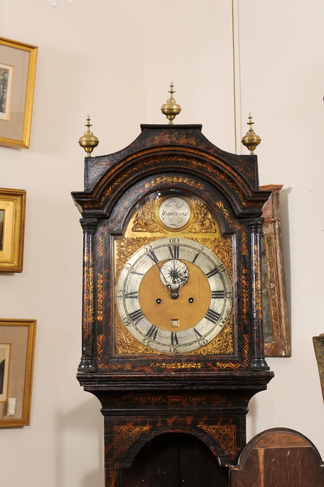  George III Chinoserie Lacquered Tallcase Clock with Faux Tortoiseshell Design In Good Condition For Sale In Atlanta, GA