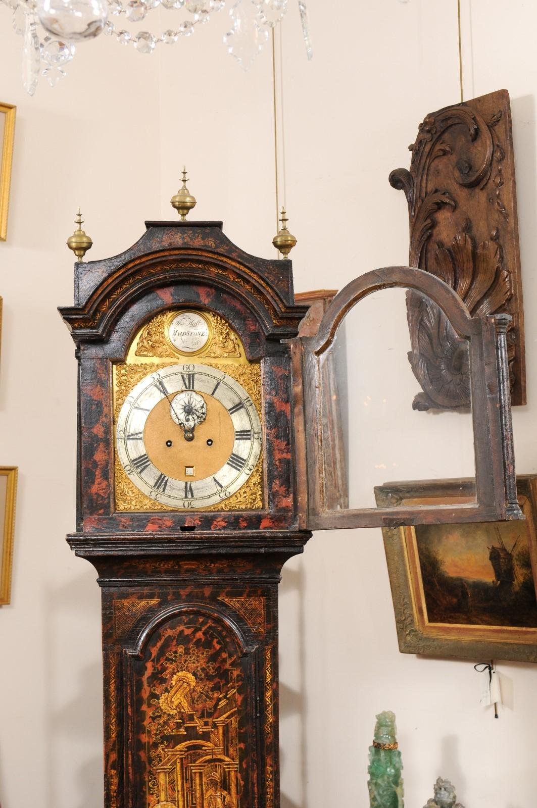 Mid-18th Century  George III Chinoserie Lacquered Tallcase Clock with Faux Tortoiseshell Design For Sale