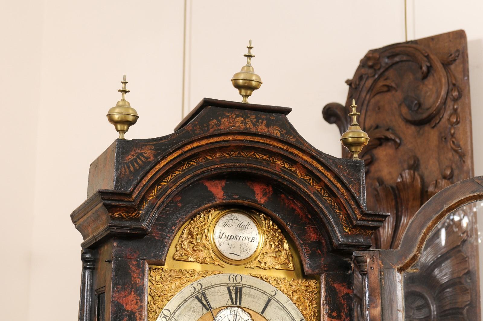 Wood  George III Chinoserie Lacquered Tallcase Clock with Faux Tortoiseshell Design For Sale