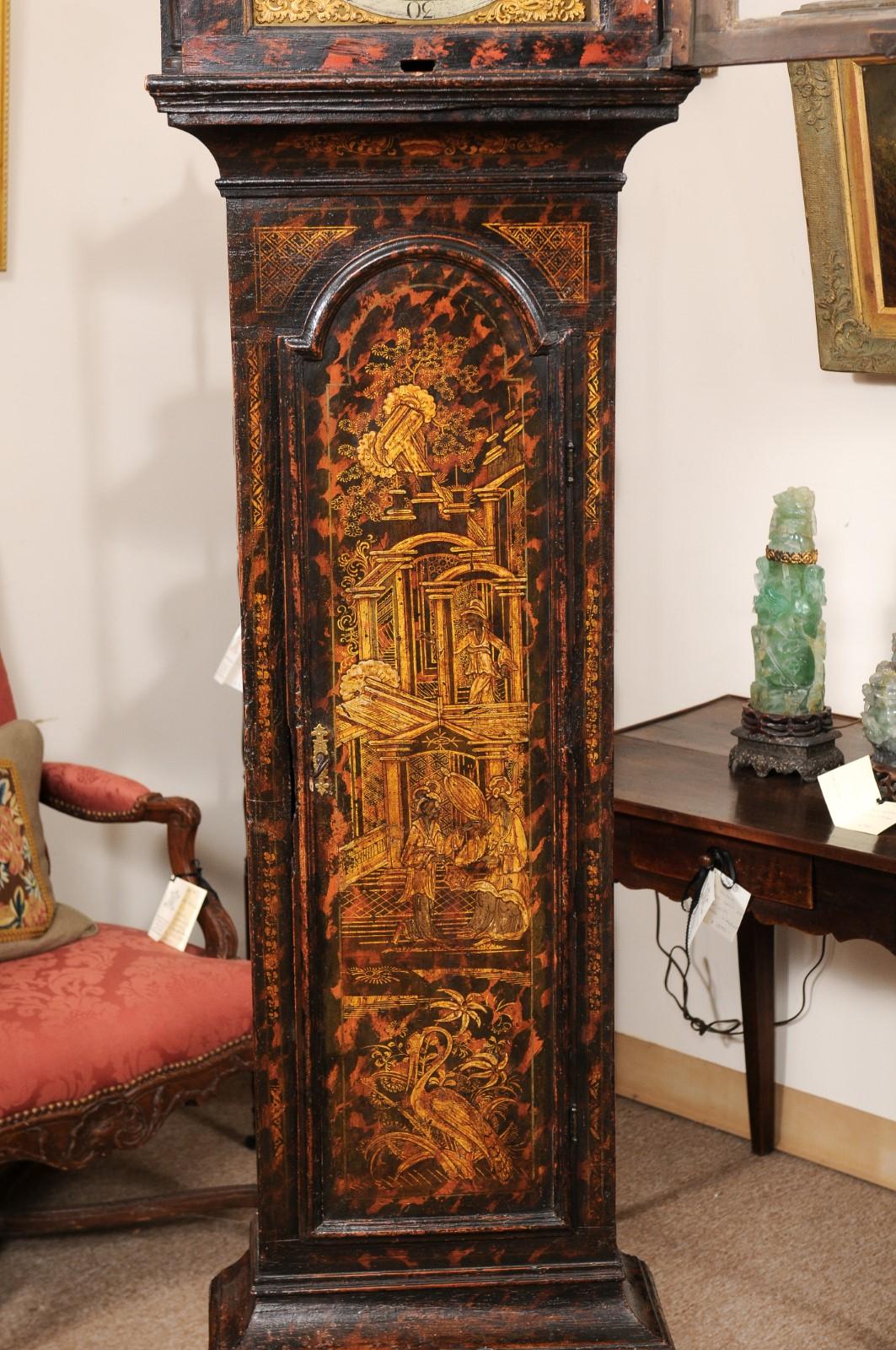  George III Chinoserie Lacquered Tallcase Clock with Faux Tortoiseshell Design For Sale 2