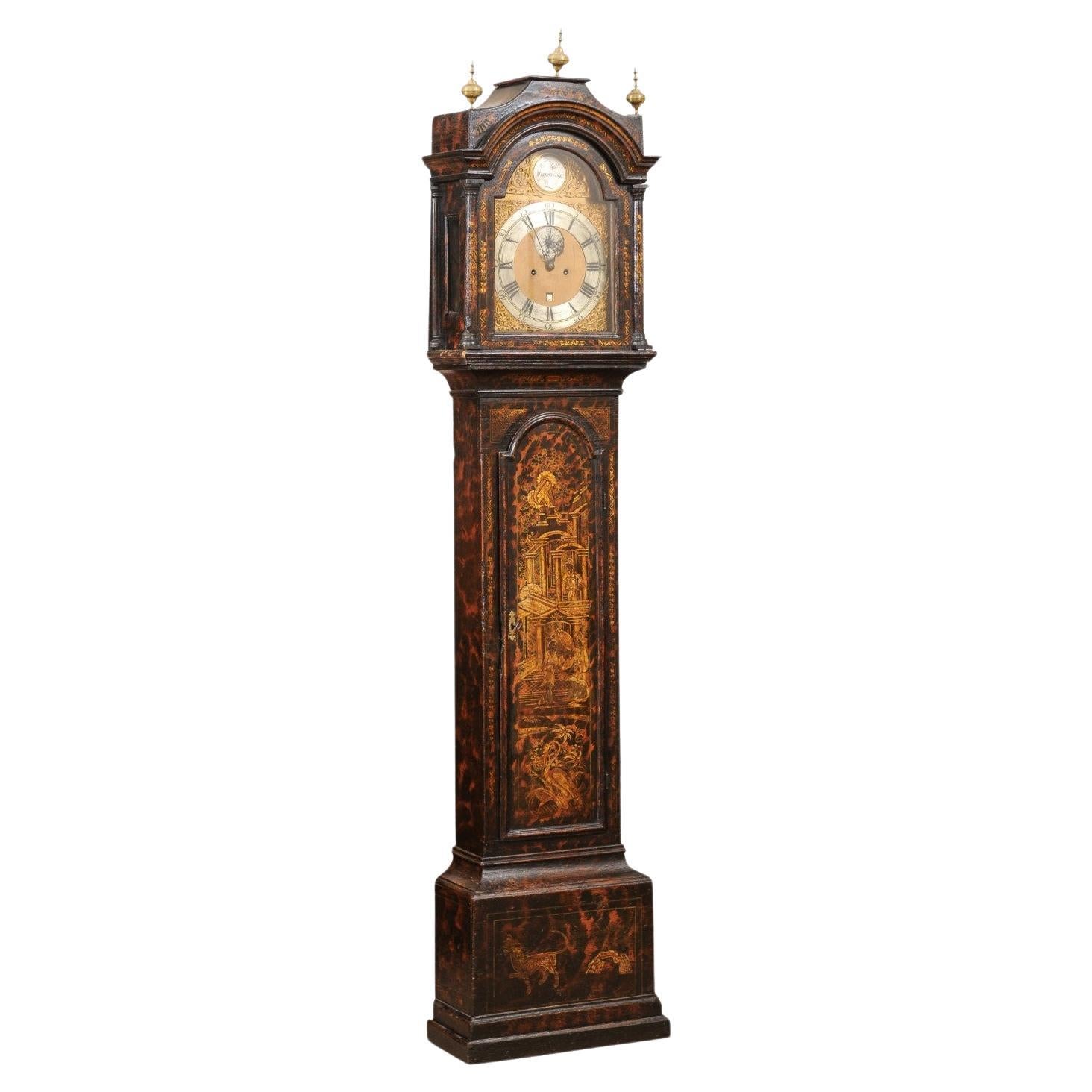  George III Chinoserie Lacquered Tallcase Clock with Faux Tortoiseshell Design For Sale