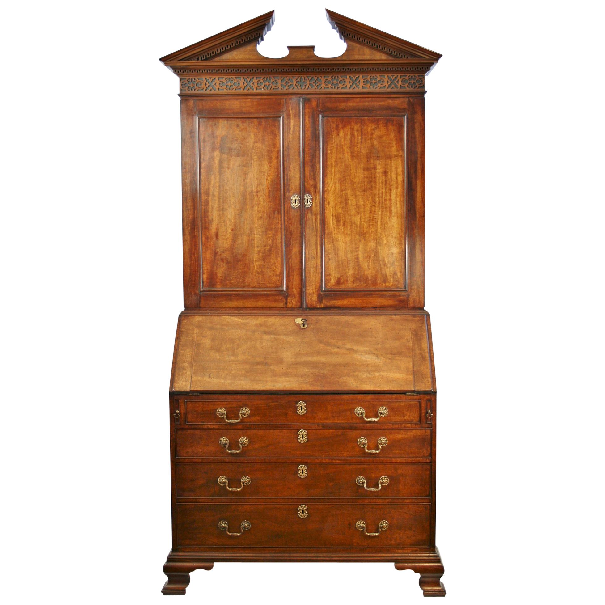 George III Chippendale Mahogany Bureau Cabinet with Pediment For Sale