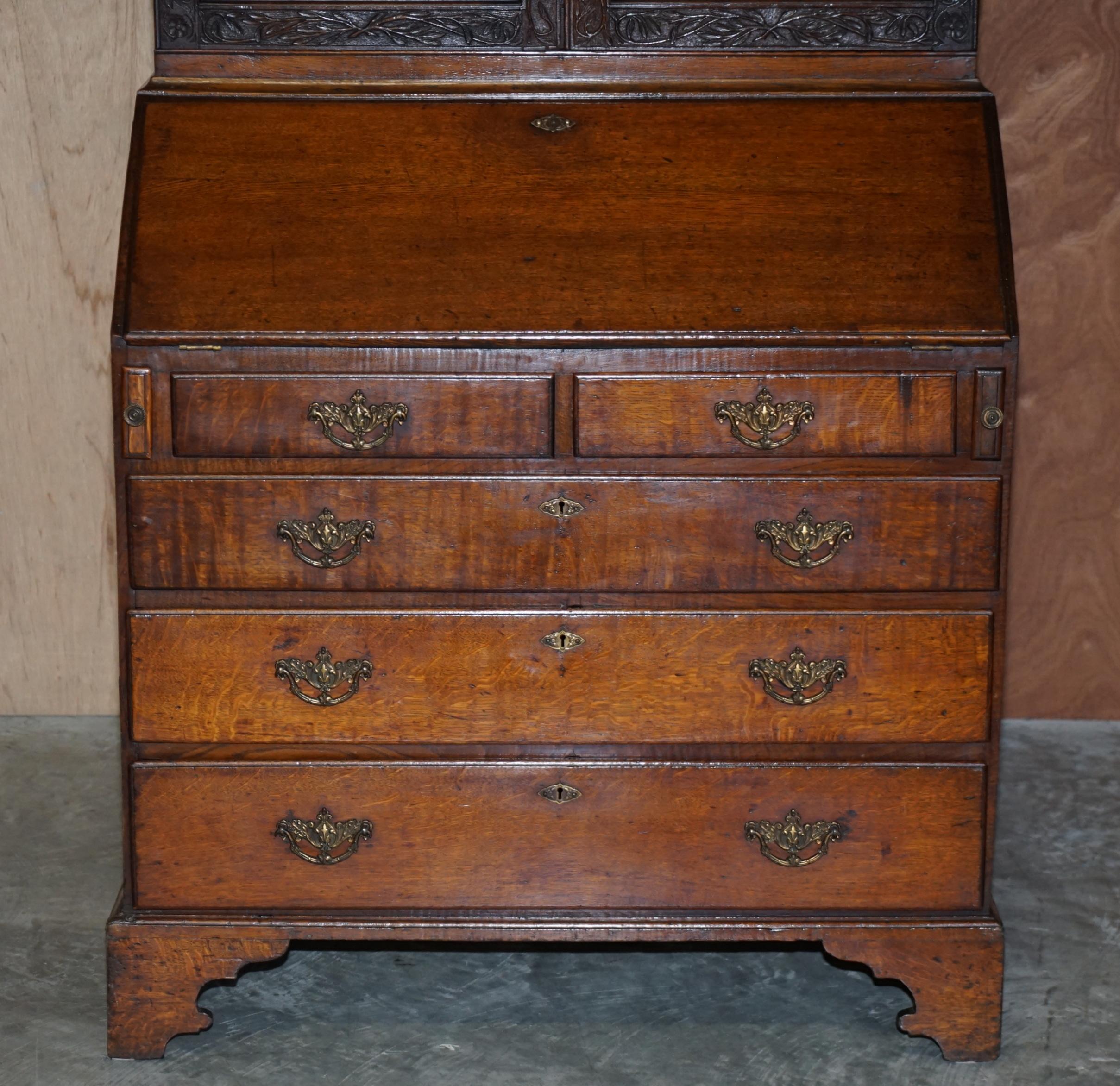 Hand-Crafted George III circa 1760 English Oak Thomas Chippendale Carved Bureau Bookcase For Sale