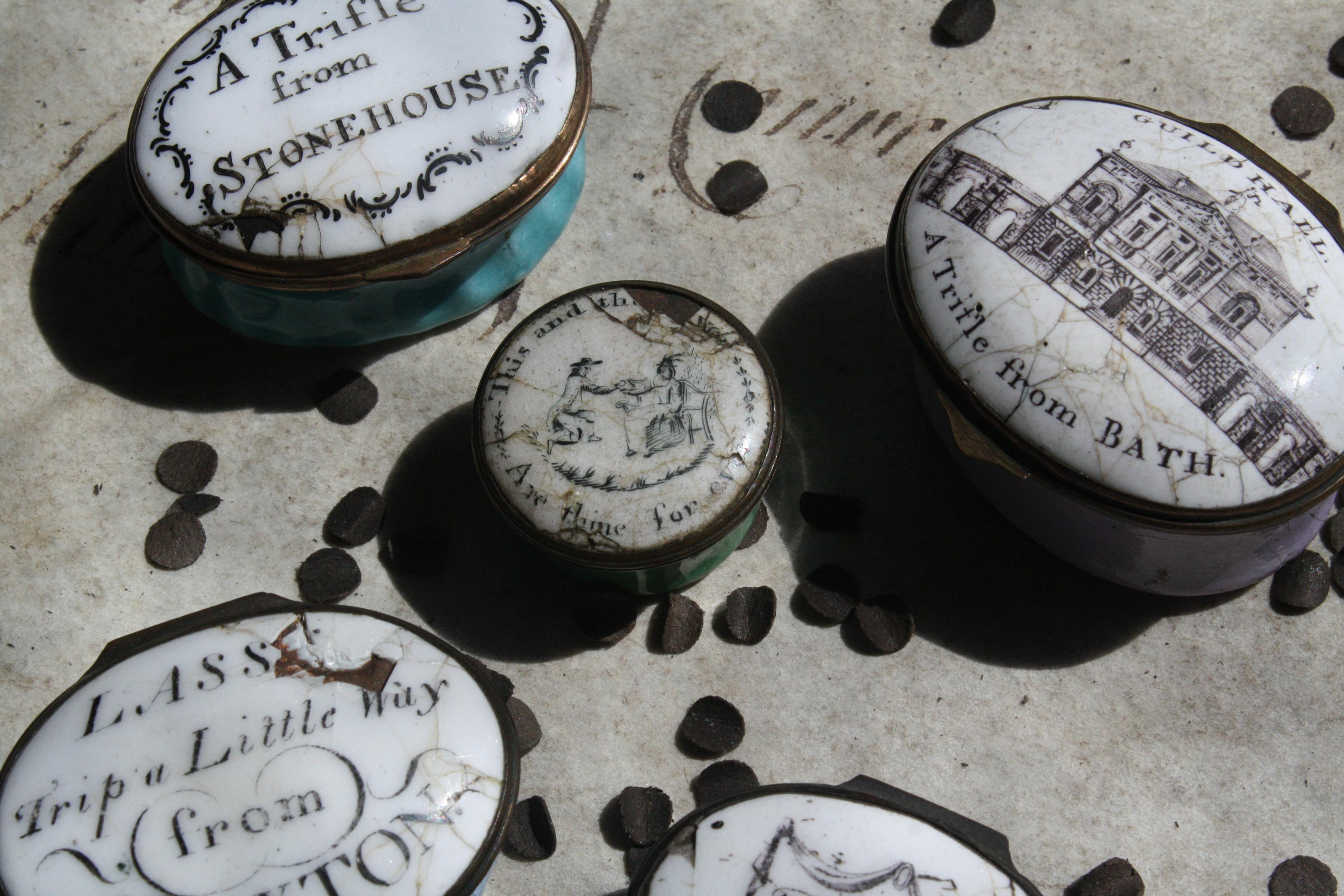 A small and decorative collection of enamel patch boxes from towns and city's of United Kingdom 

These small enamel souvenir where purchased from the highly fashionable city and towns in the late 18th century Bath, Buxton, Swansea and Stonehouse.