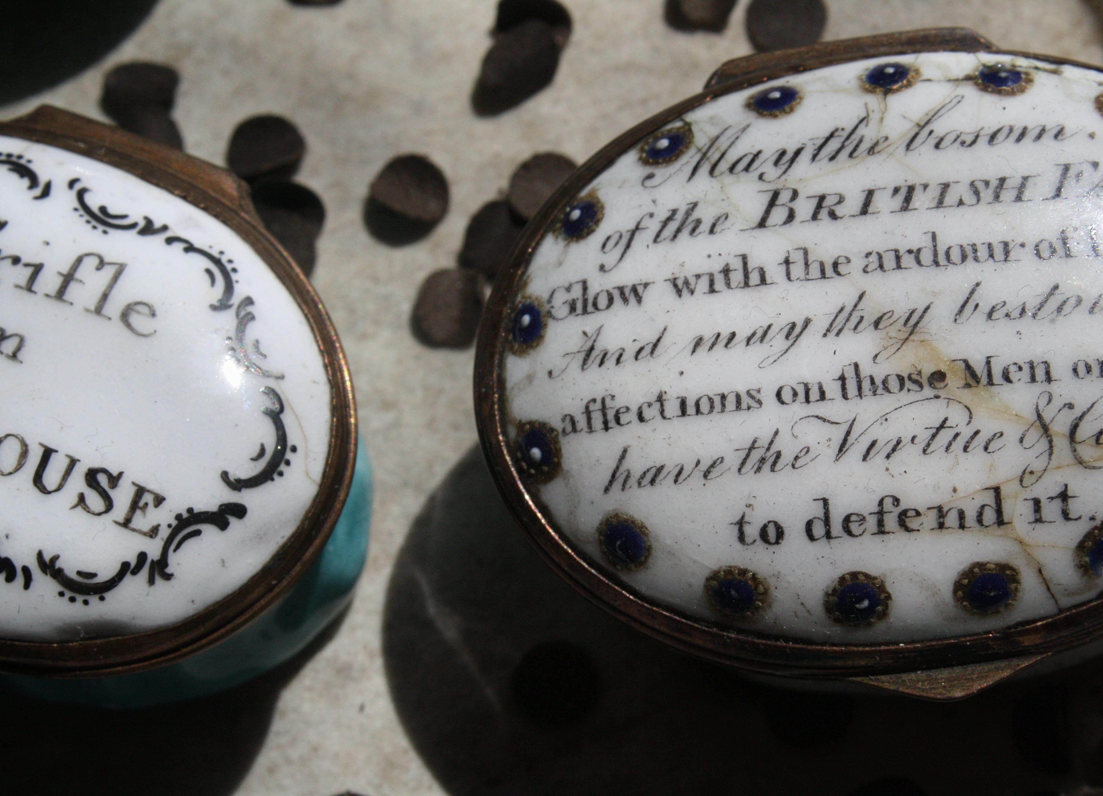 A large and decorative collection of enamel patch boxes with motifs, rhymes and riddles. 

These small enamel souvenir where purchased from highly fashionable city and towns in the late 18th century, purchased as gifts and tokens to lovers. All
