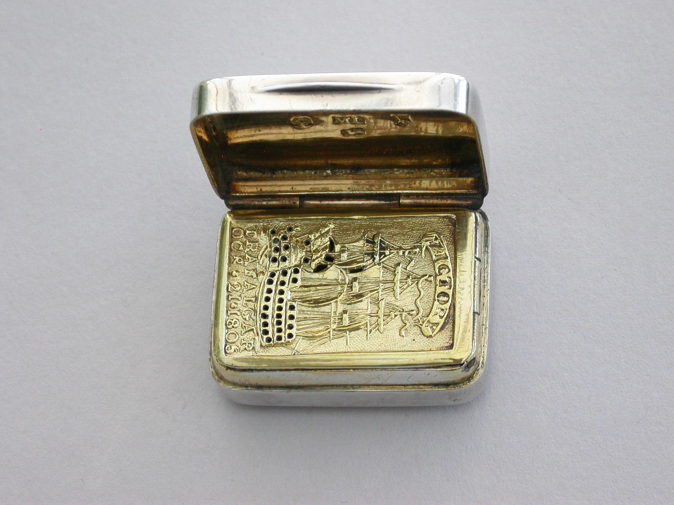 An extremely rare George III commemorative silver Vinaigrette of plain rounded rectangular form with raised thumb-piece, the lid engraved with script initials, 'CC' (possibly for Lord Cuthbert Collingwood). The silver gilt die-stamped vertical