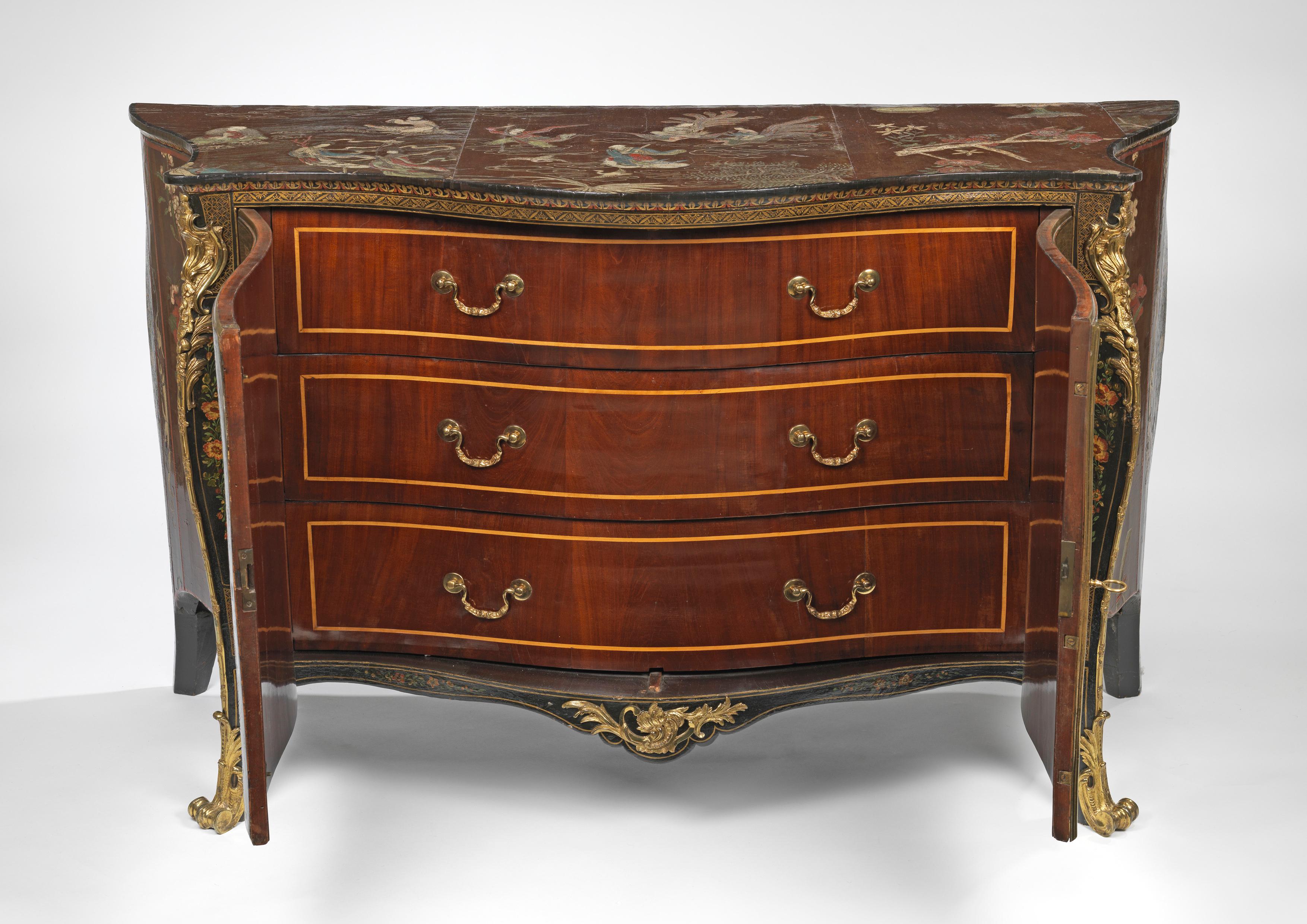 A George III Coromandel lacquer, gilt brass-mounted serpentine commode, attributed to Pierre Langlois, the mounts possibly supplied by Dominique Jean

The top decorated with a series of figures in various pursuits amongst cloud swirl motifs,