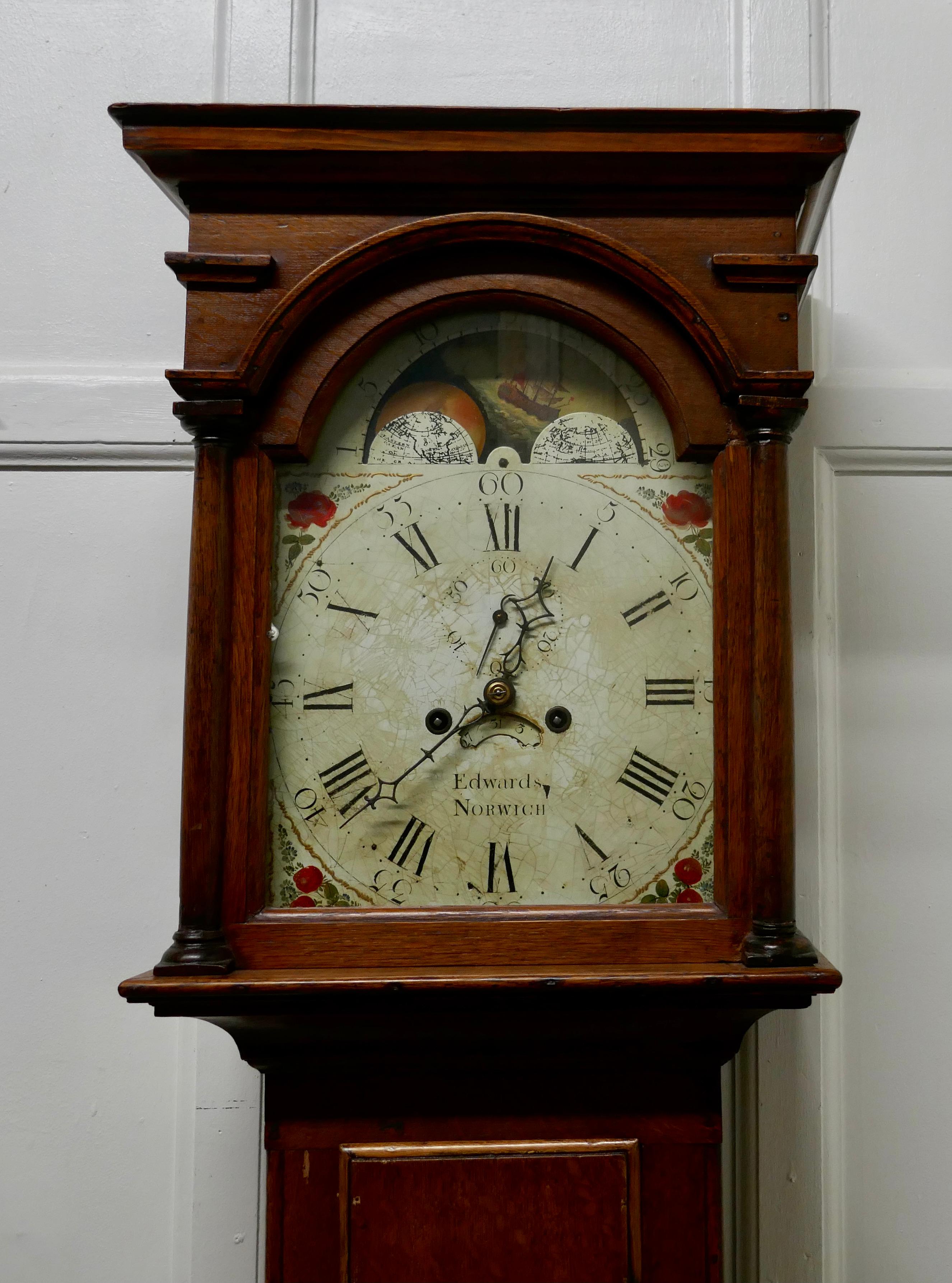 19th Century George III Country Oak Long Case Clock by John Edwards of Norwich