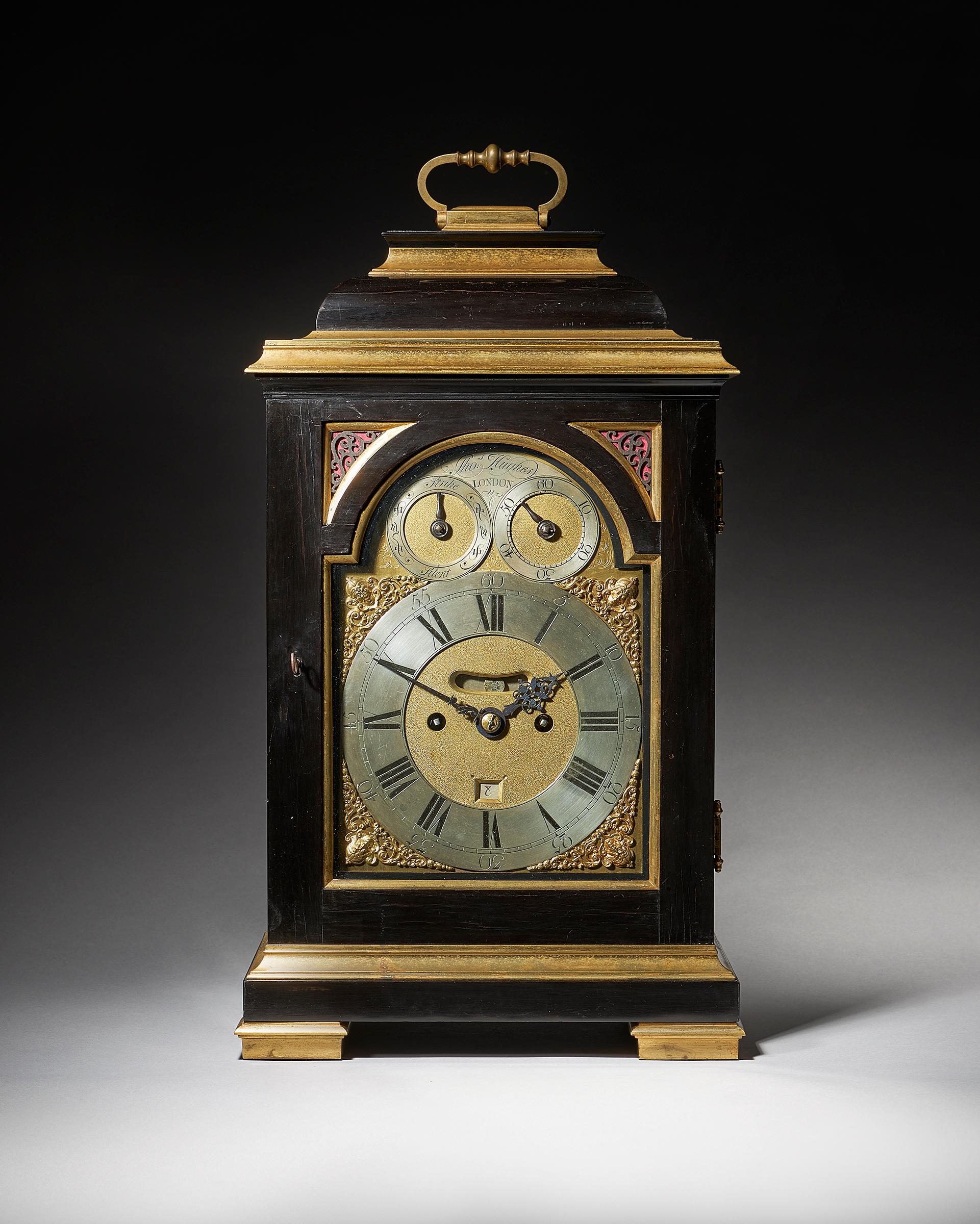 English Fine George III Ebony Bracket Clock with Pull Quarter Repeat on Six Bells, By...