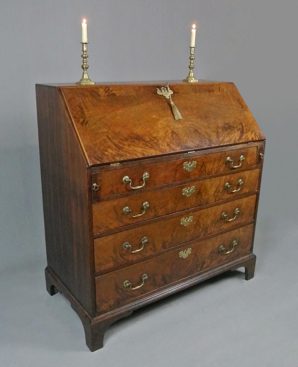 George III Elm, Oak and Padouk Bureau with Original Brasses, C. 1780 1