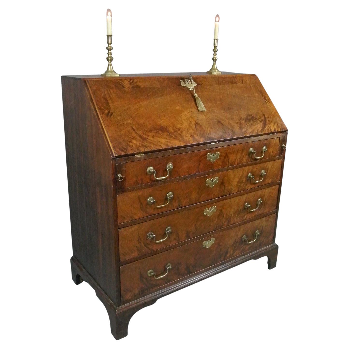 George III Elm, Oak and Padouk Bureau with Original Brasses, C. 1780