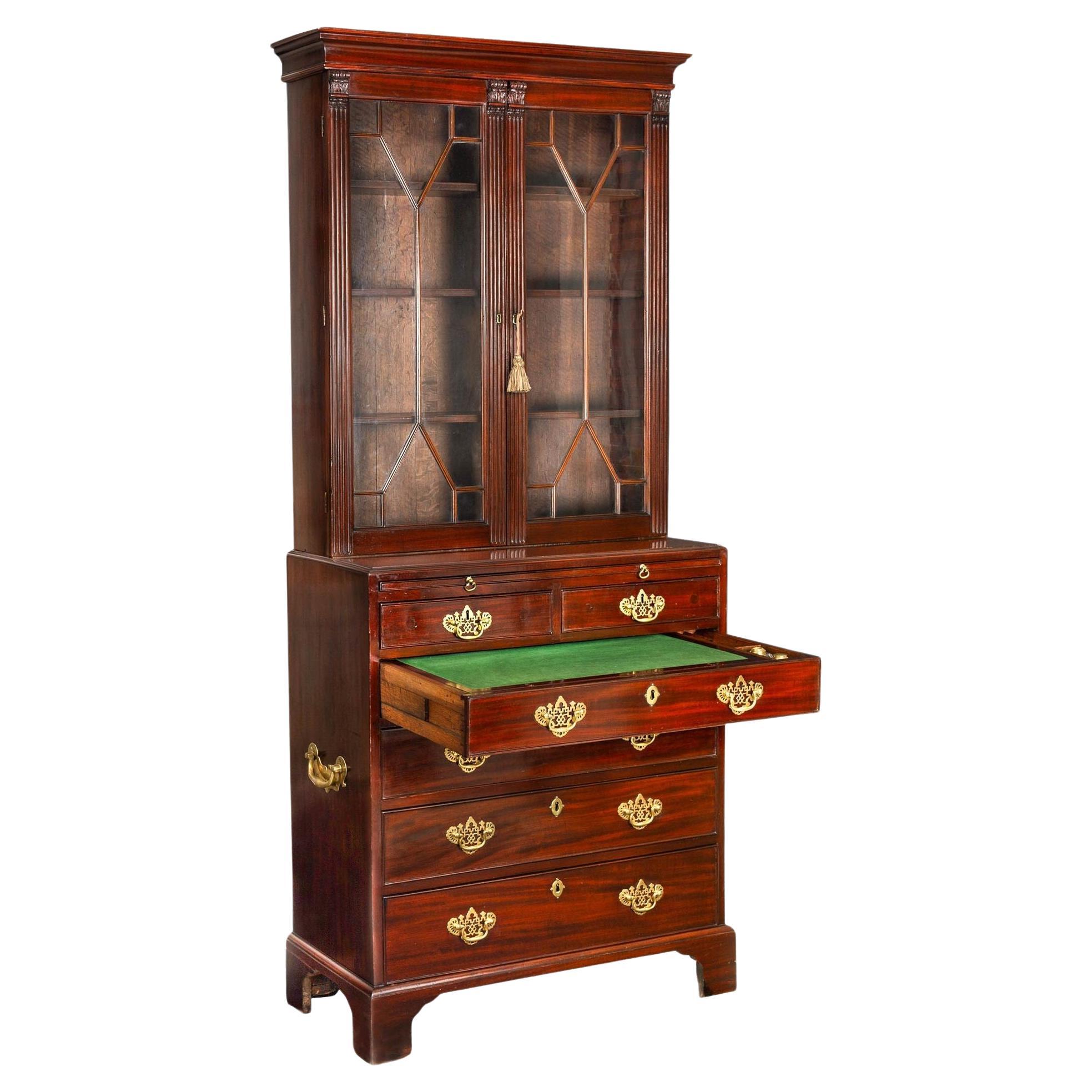 George III English Antique Mahogany Bookcase Secretary Desk circa 1780 For Sale