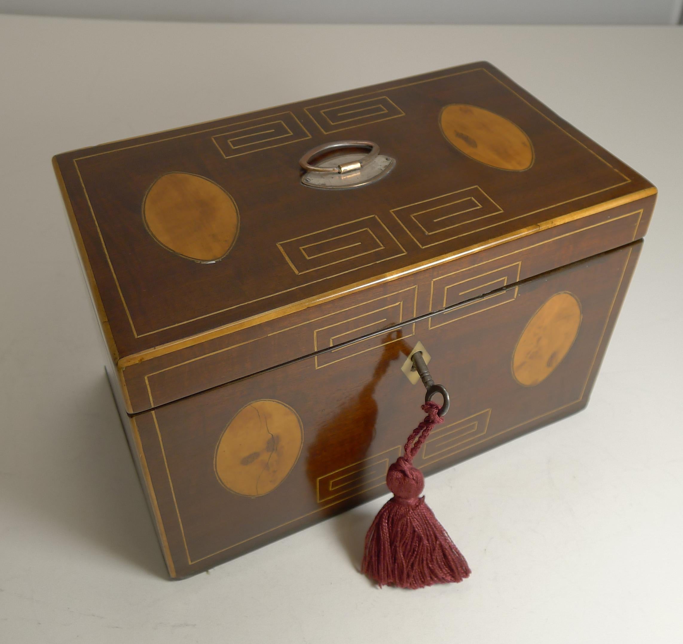 Wood George III English Inlaid Mahogany Tea Caddy, circa 1820 For Sale