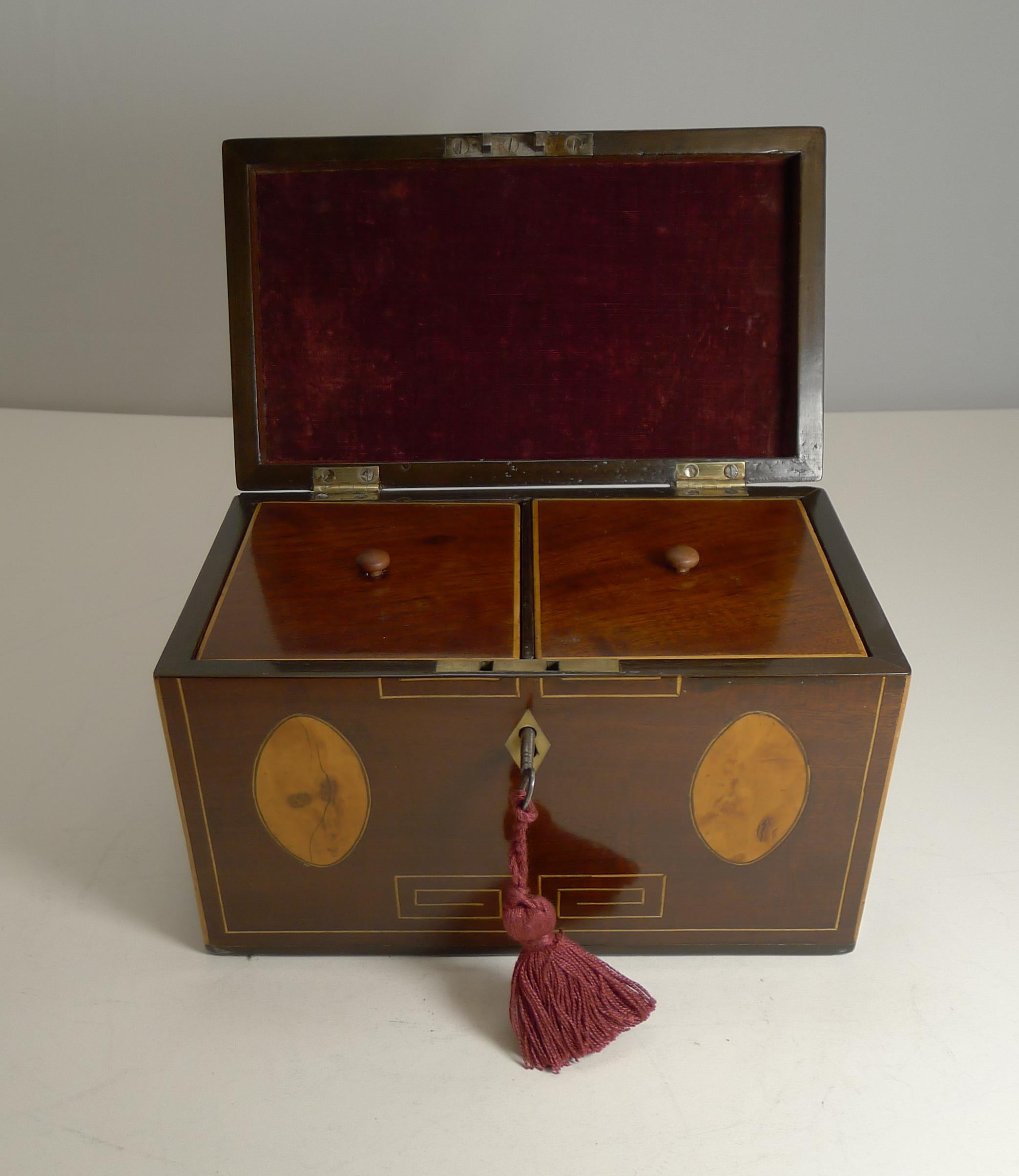 George III English Inlaid Mahogany Tea Caddy, circa 1820 For Sale 3