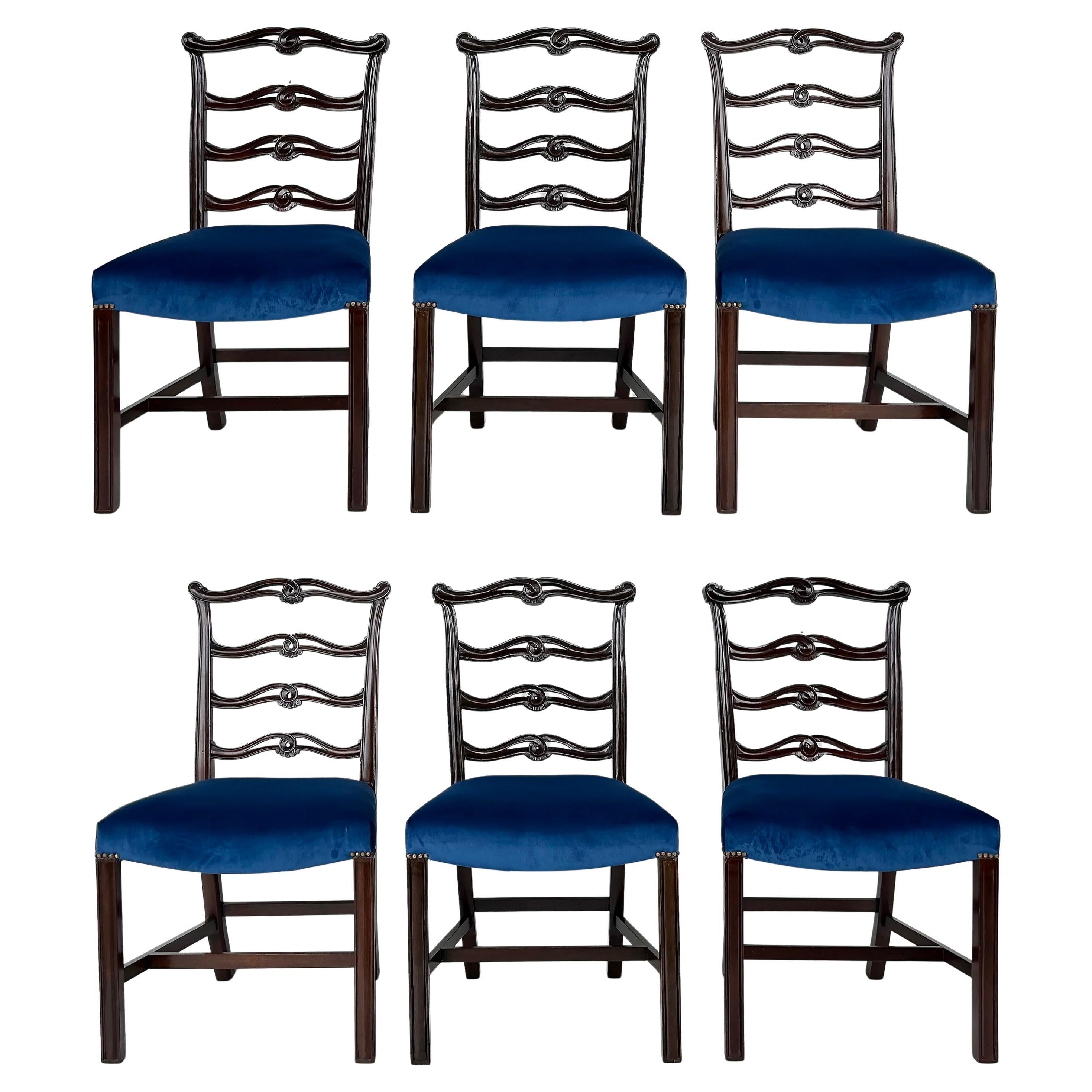 George III English Ladderback Dining Chairs Set of 6, Fine Velvet Upholstery