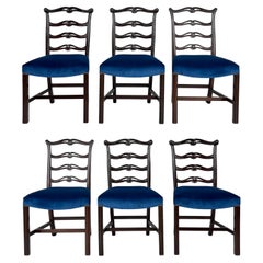 George III English Ladderback Dining Chairs Set of 6, fine Velvet Upholstery