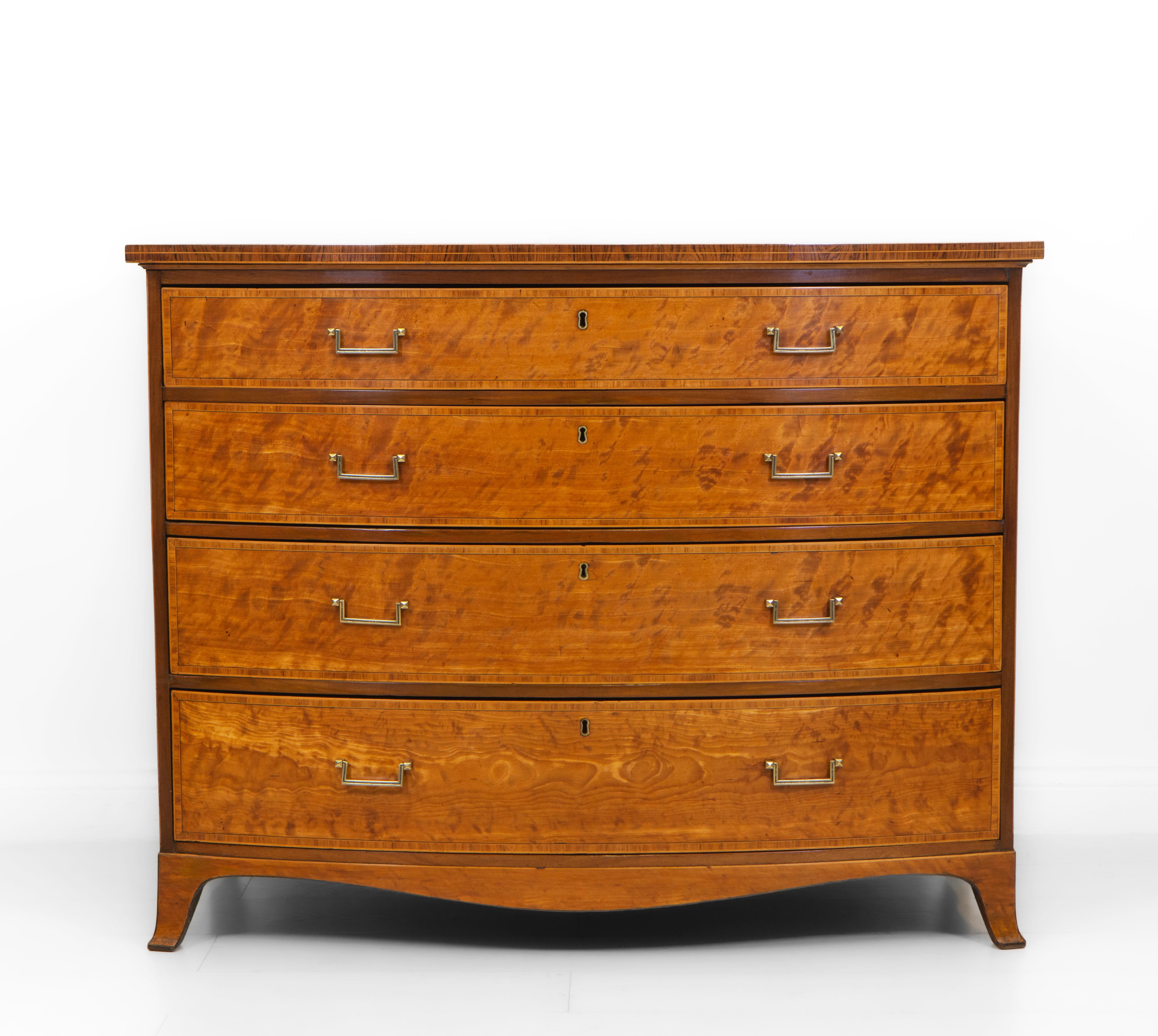 George III English Satinwood & Banded Bow Fronted Chest Commode Circa 1790 In Good Condition For Sale In Norwich, GB