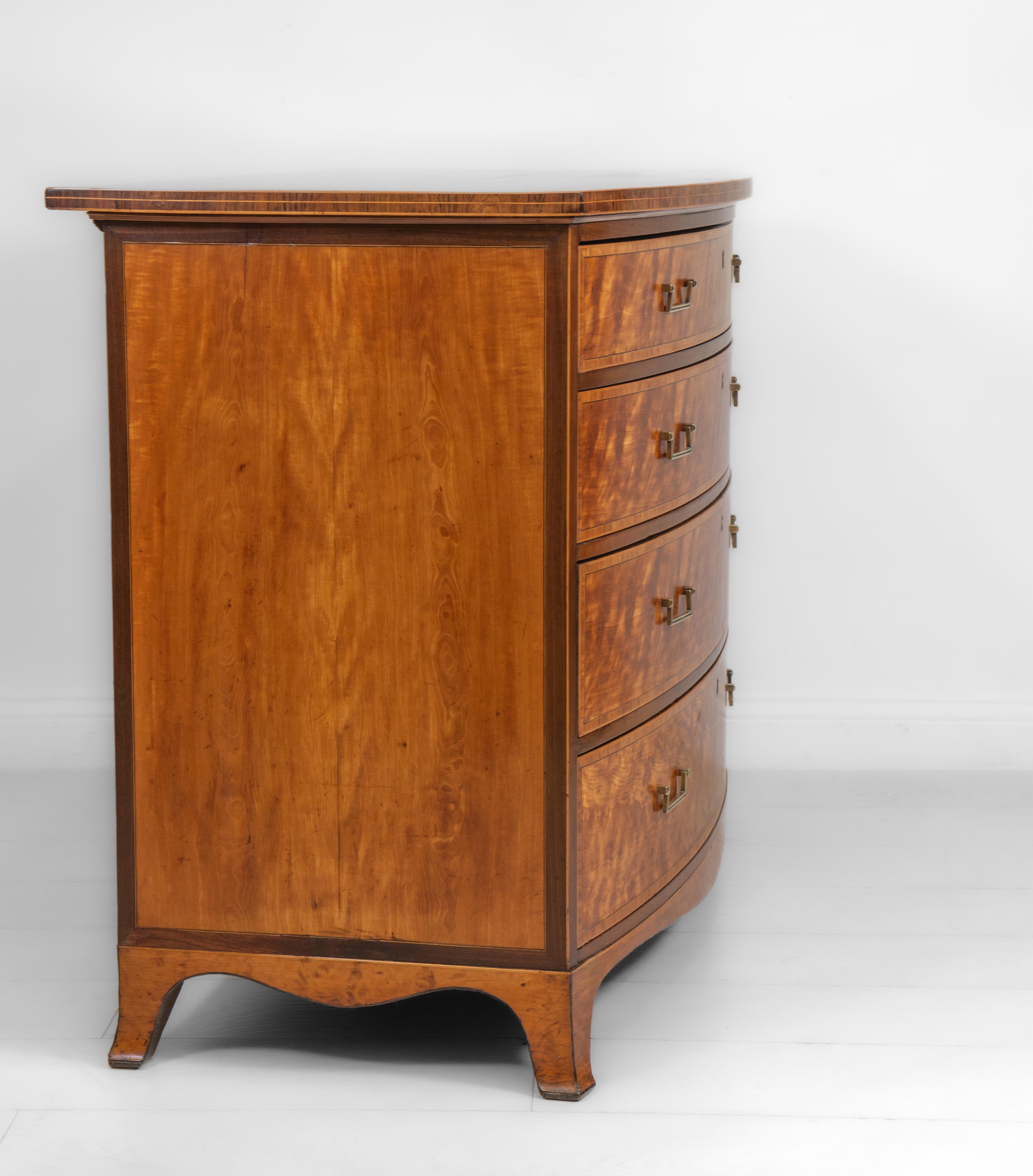 18th Century and Earlier George III English Satinwood & Banded Bow Fronted Chest Commode Circa 1790 For Sale
