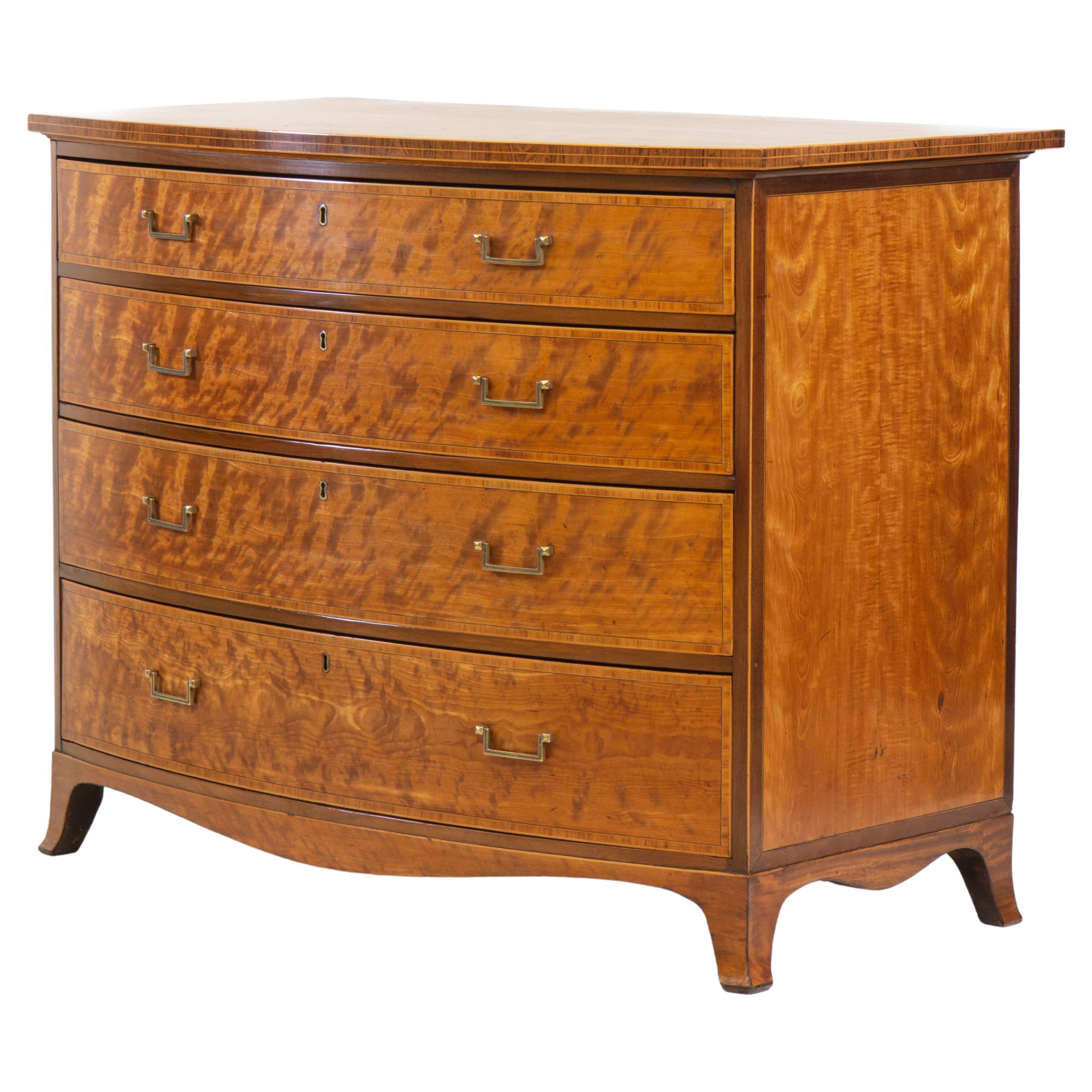 George III English Satinwood & Banded Bow Fronted Chest Commode Circa 1790 For Sale