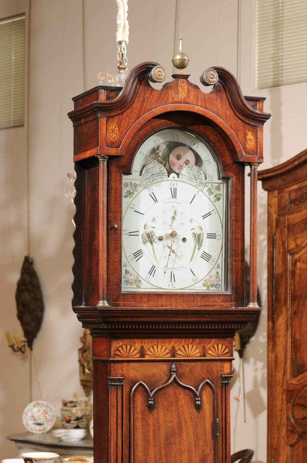 Early 19th Century  George III English Tallcase Clock with Swan Neck Pediment & Patera Inlay For Sale