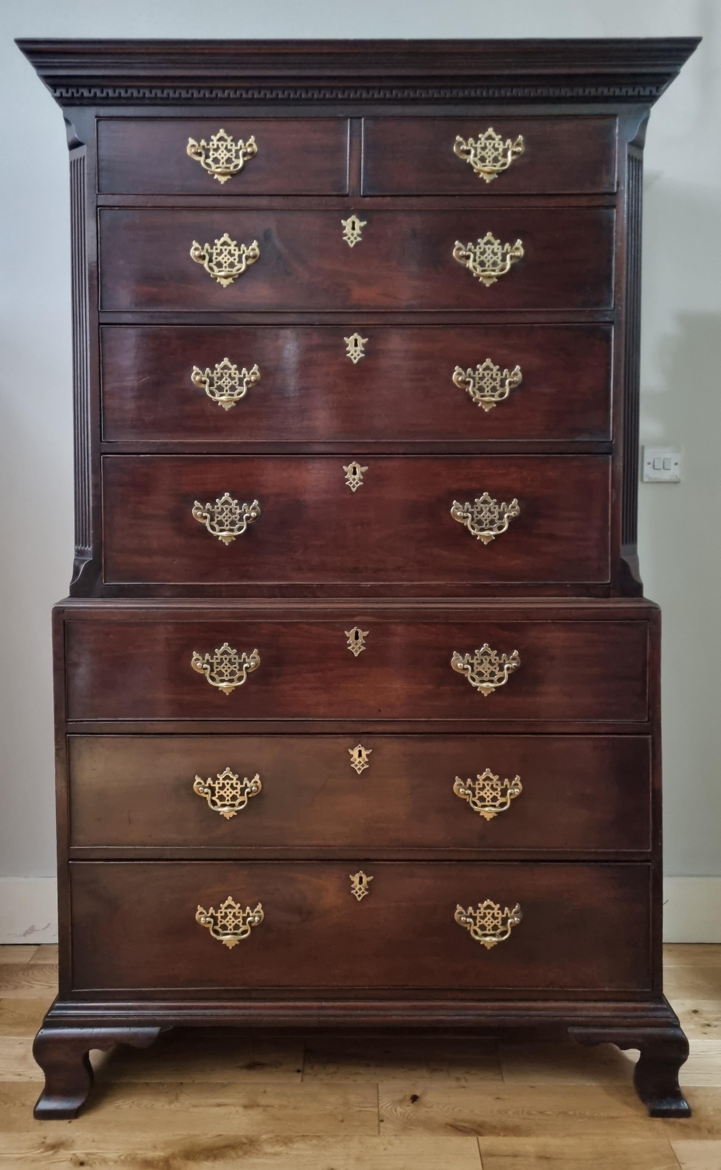 A fine George III , figured mahogany chest on chest dating to the 1760s , In excellent antique condition. superb colour & patina.  

Fluted canted corners to either side of the drawers , stepped moulded cornice . 

The configuration of the drawers