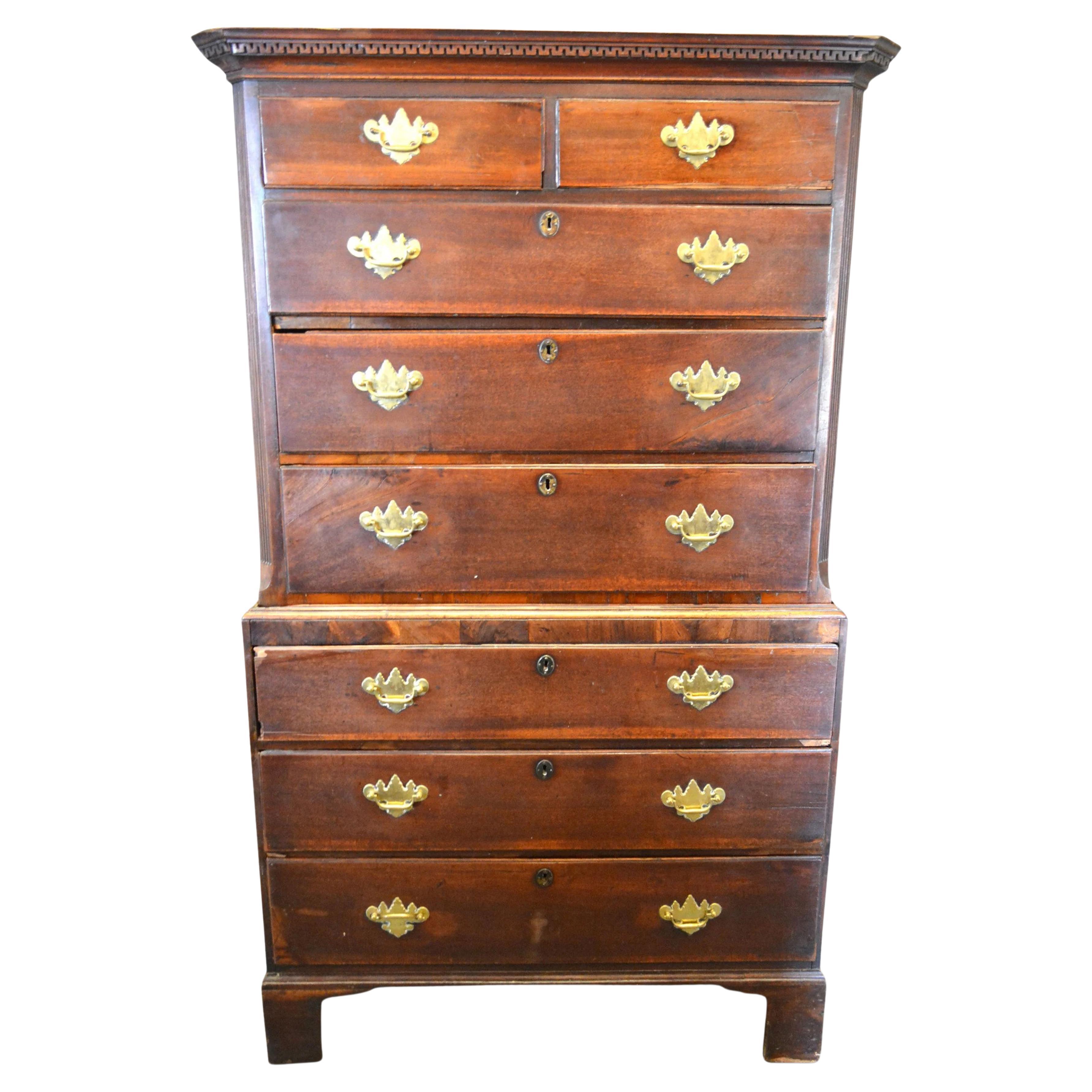 British George III Figured Mahogany Chest on Chest, with Greek Key Moulded Cornice For Sale
