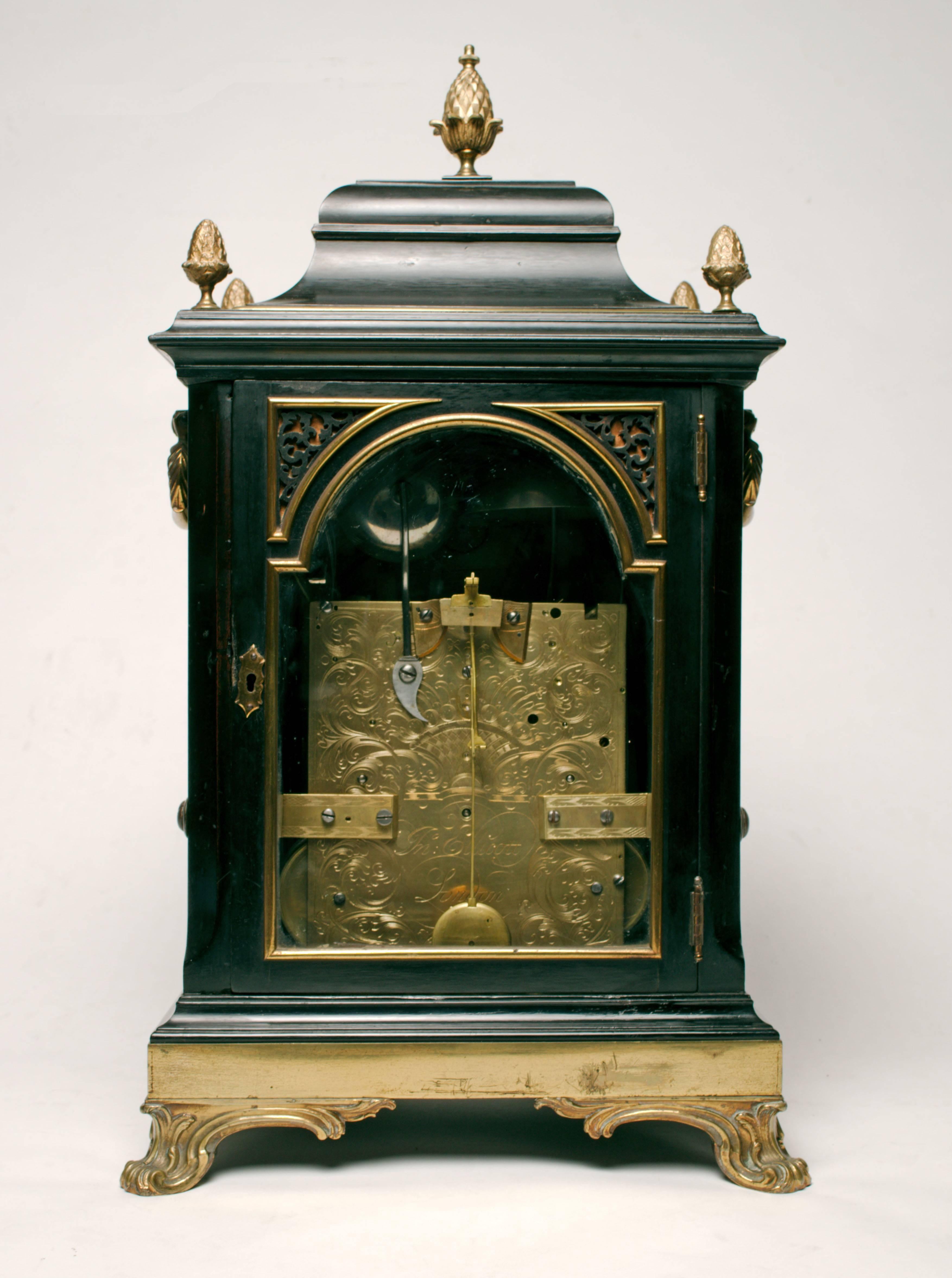 Mid-18th Century George III Gilt Brass-Mounted Ebonized Bracket Clock by John Ellicot For Sale
