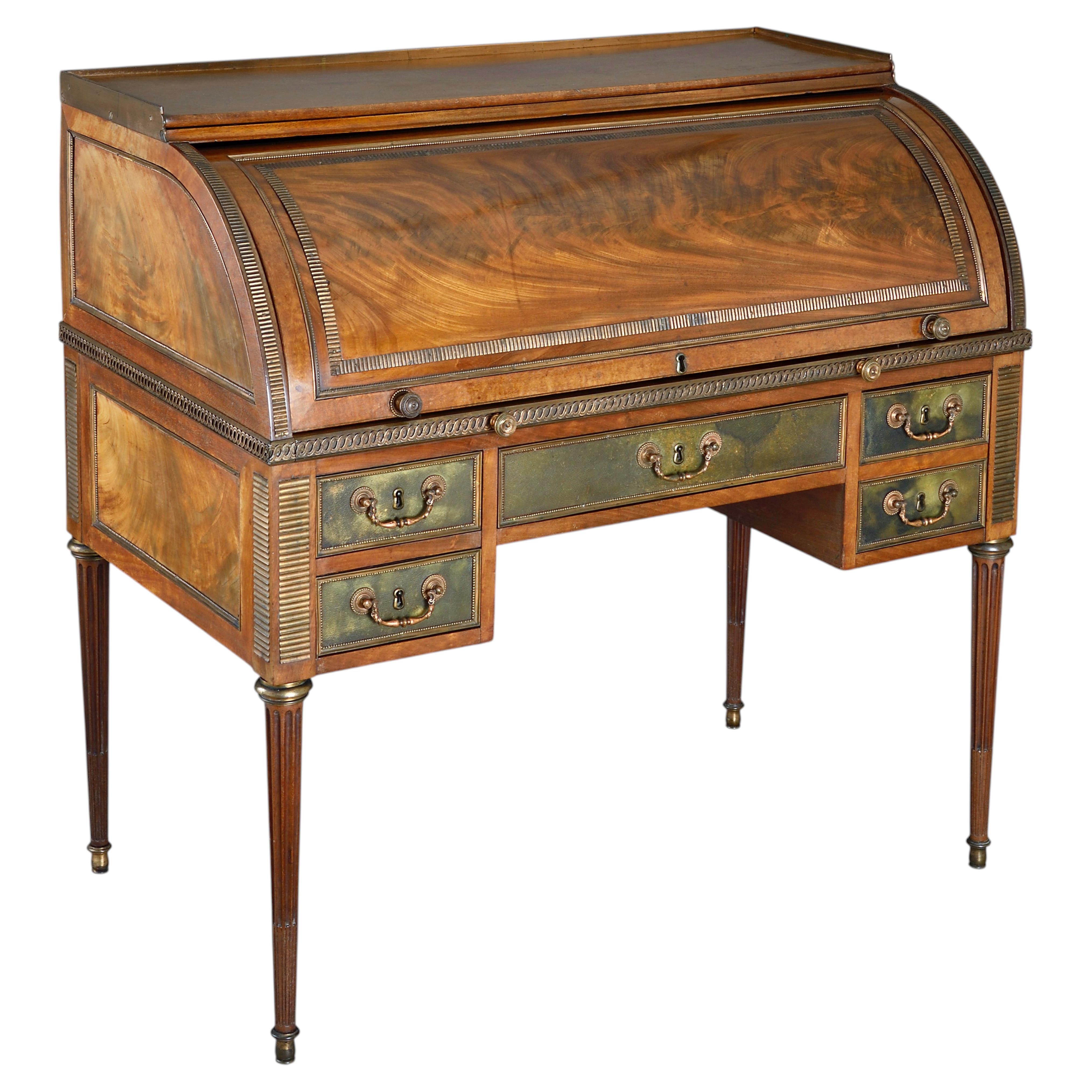 George III Gilt-Copper Mounted Mahogany And Morocco Leather Cylinder Bureau For Sale