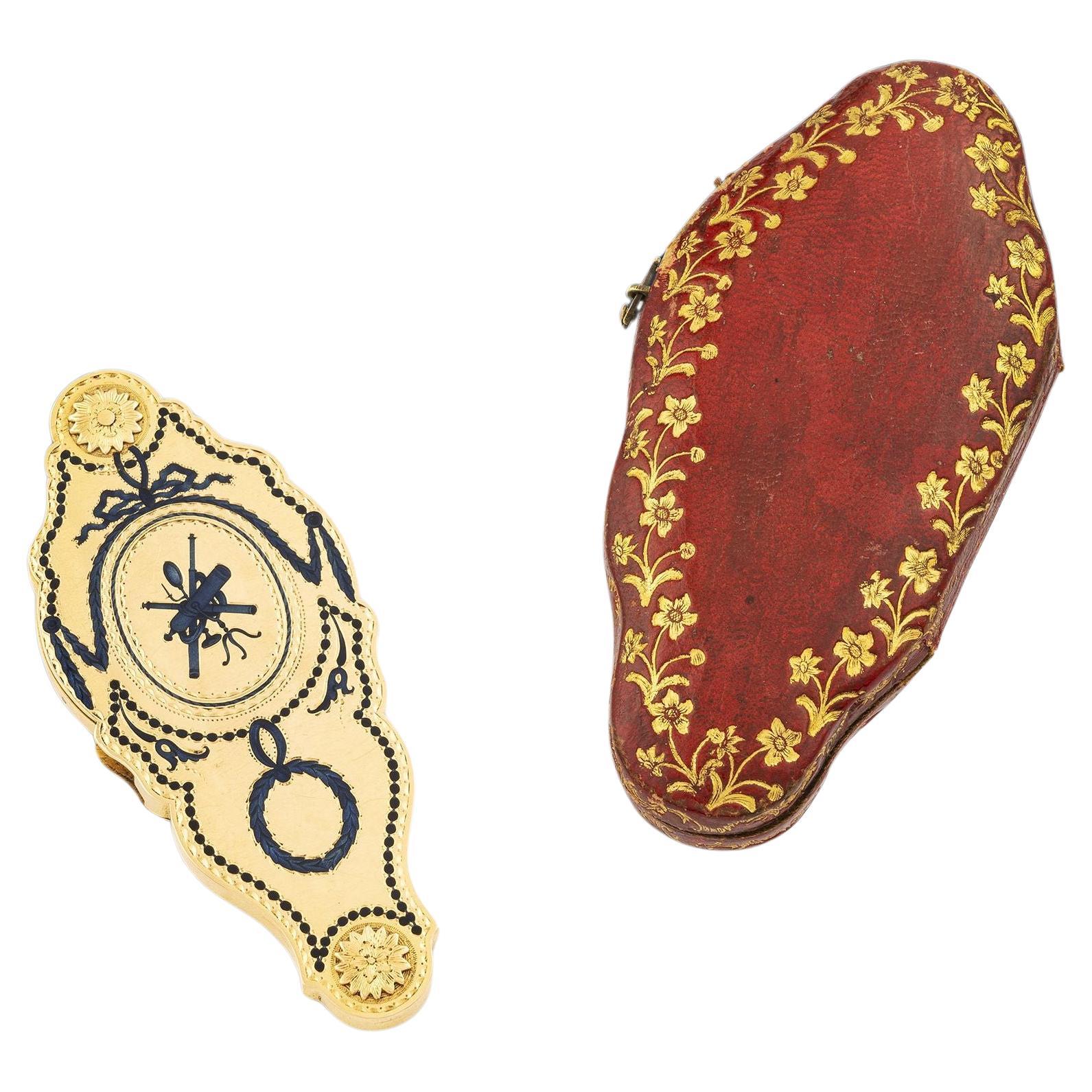 George III Gold & Emaille Lupe mit rotem Lederetui, um 1770 im Angebot