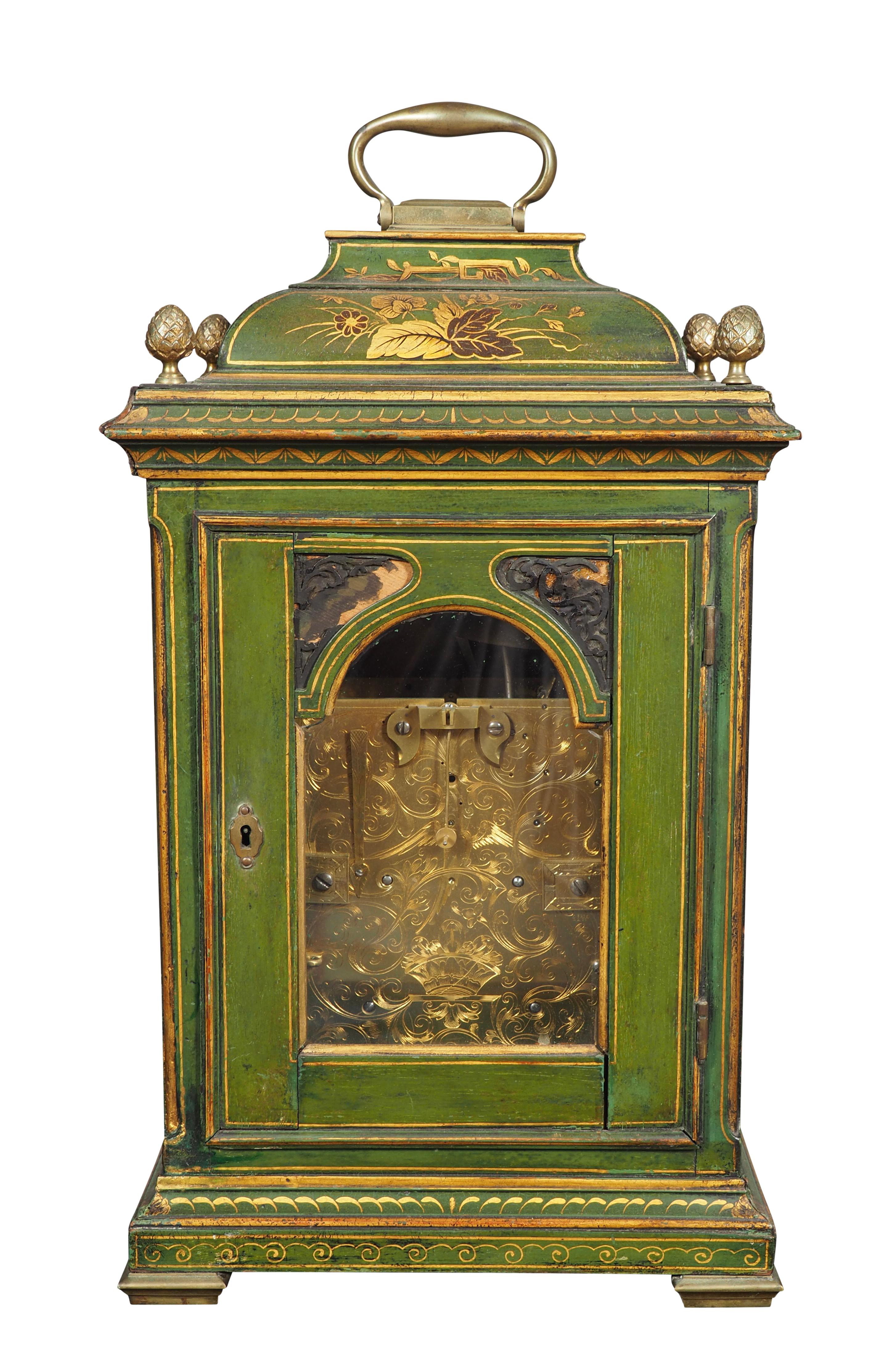 George III Green Japanned Bracket Clock By Edward Pistor In Good Condition In Essex, MA