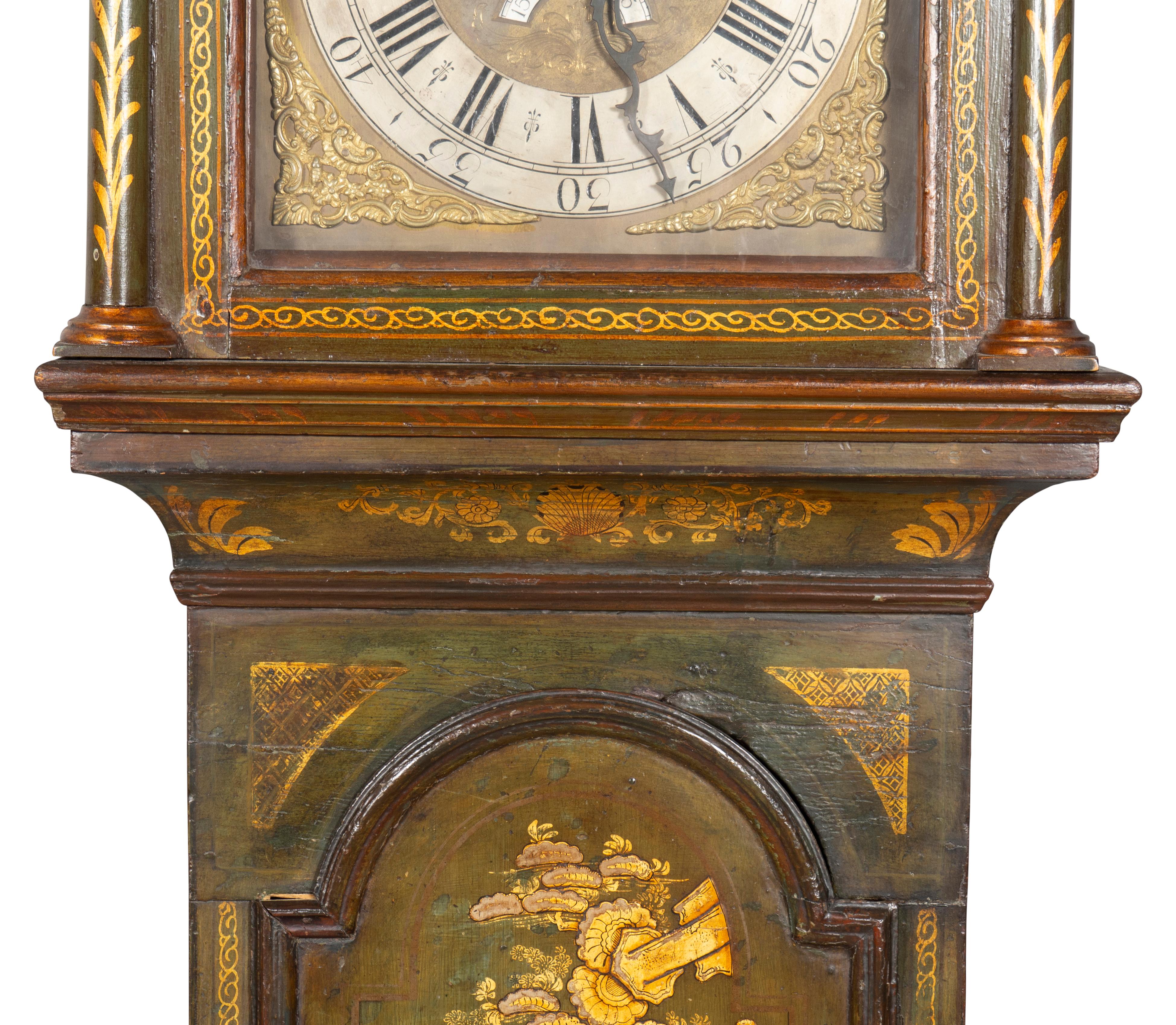 Oak George III Green Japanned Tall Case Clock For Sale