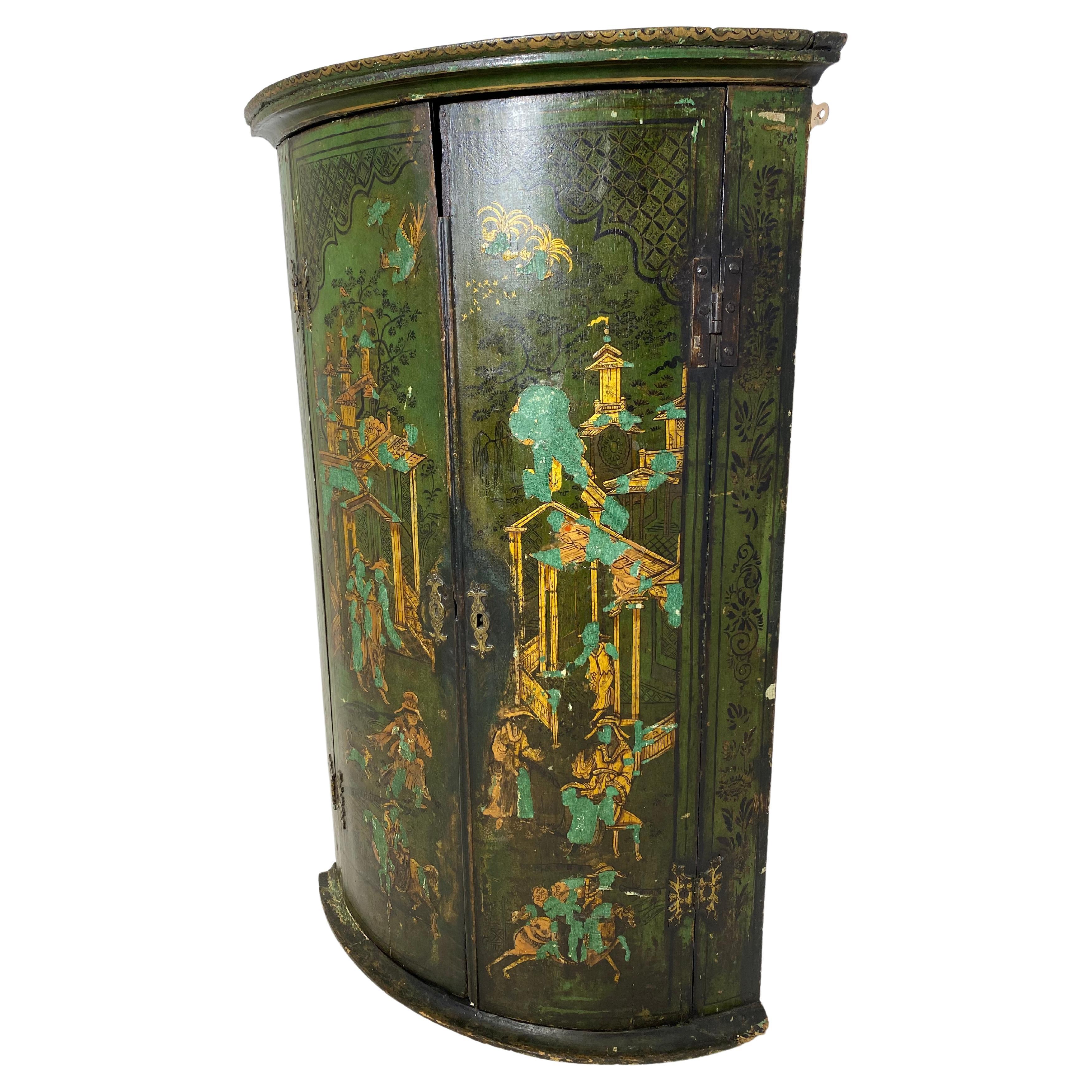 George III Green-Lacquered Hanging Corner Cabinet For Sale