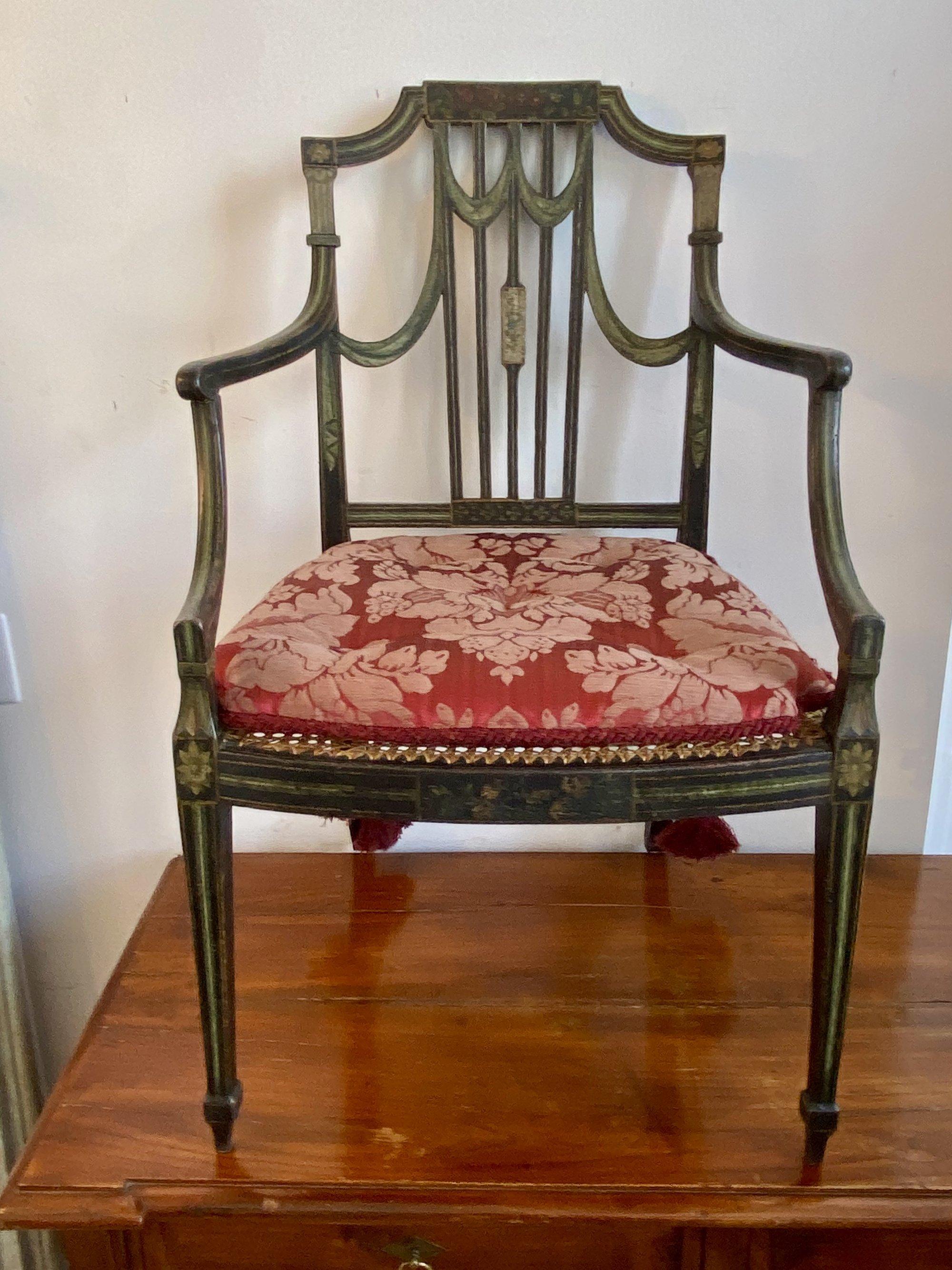 British George III Hand Painted Armchair in the Sheraton Manner, 18th Century