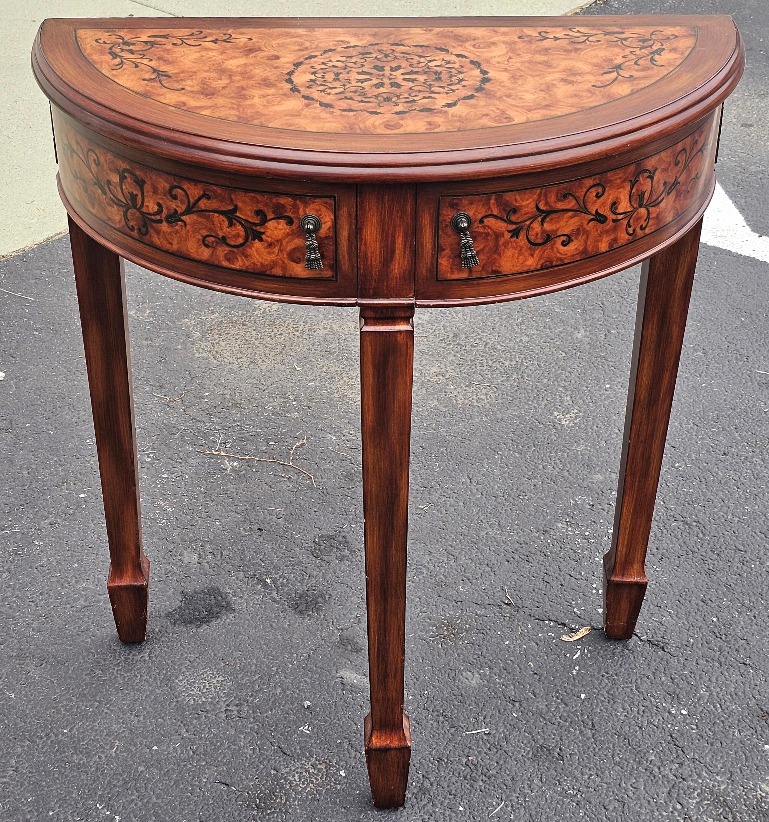 American George III Inlaid Burlwood Style Demilune Console Table For Sale