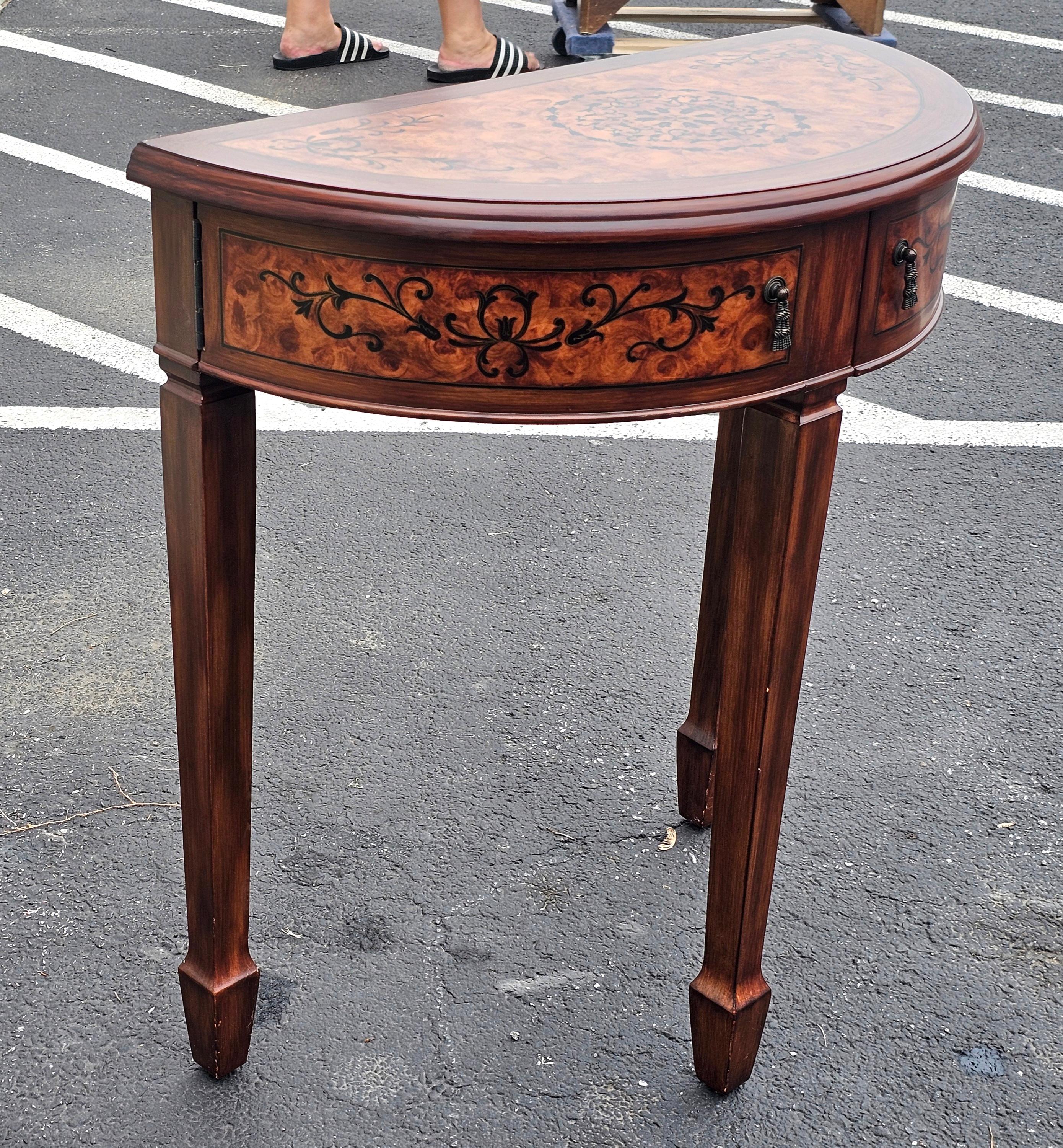 Enameled George III Inlaid Burlwood Style Demilune Console Table For Sale