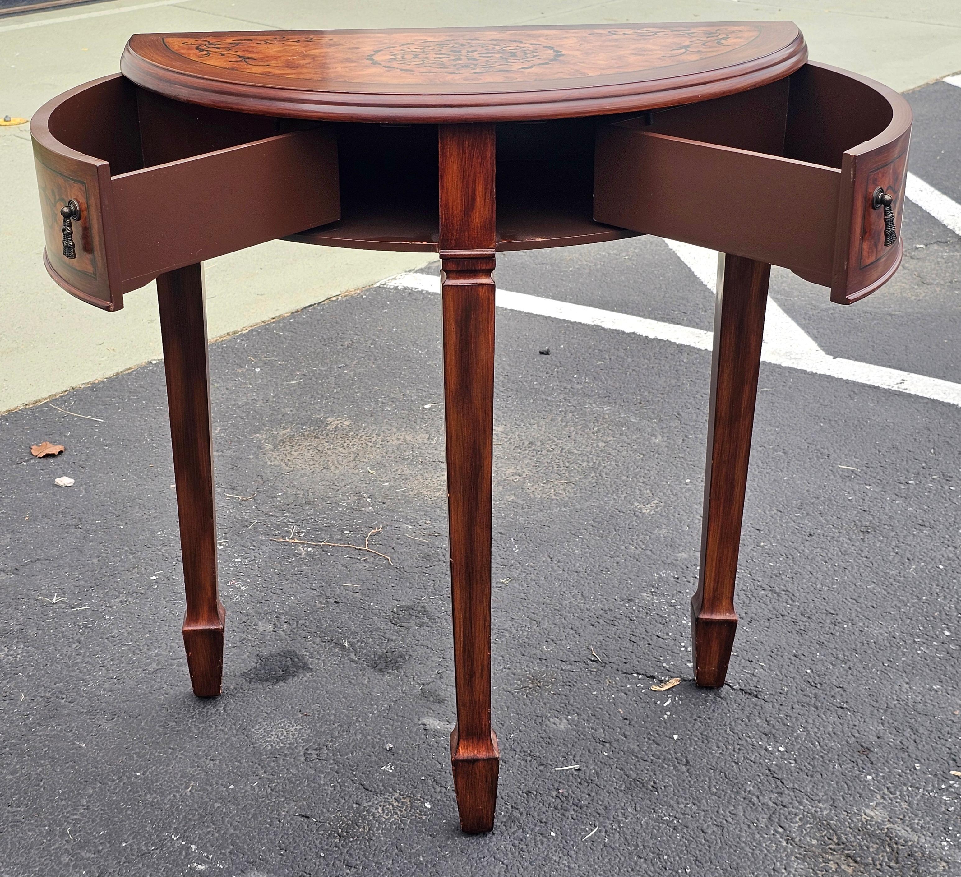 George III Inlaid Burlwood Style Demilune Console Table In Good Condition For Sale In Germantown, MD