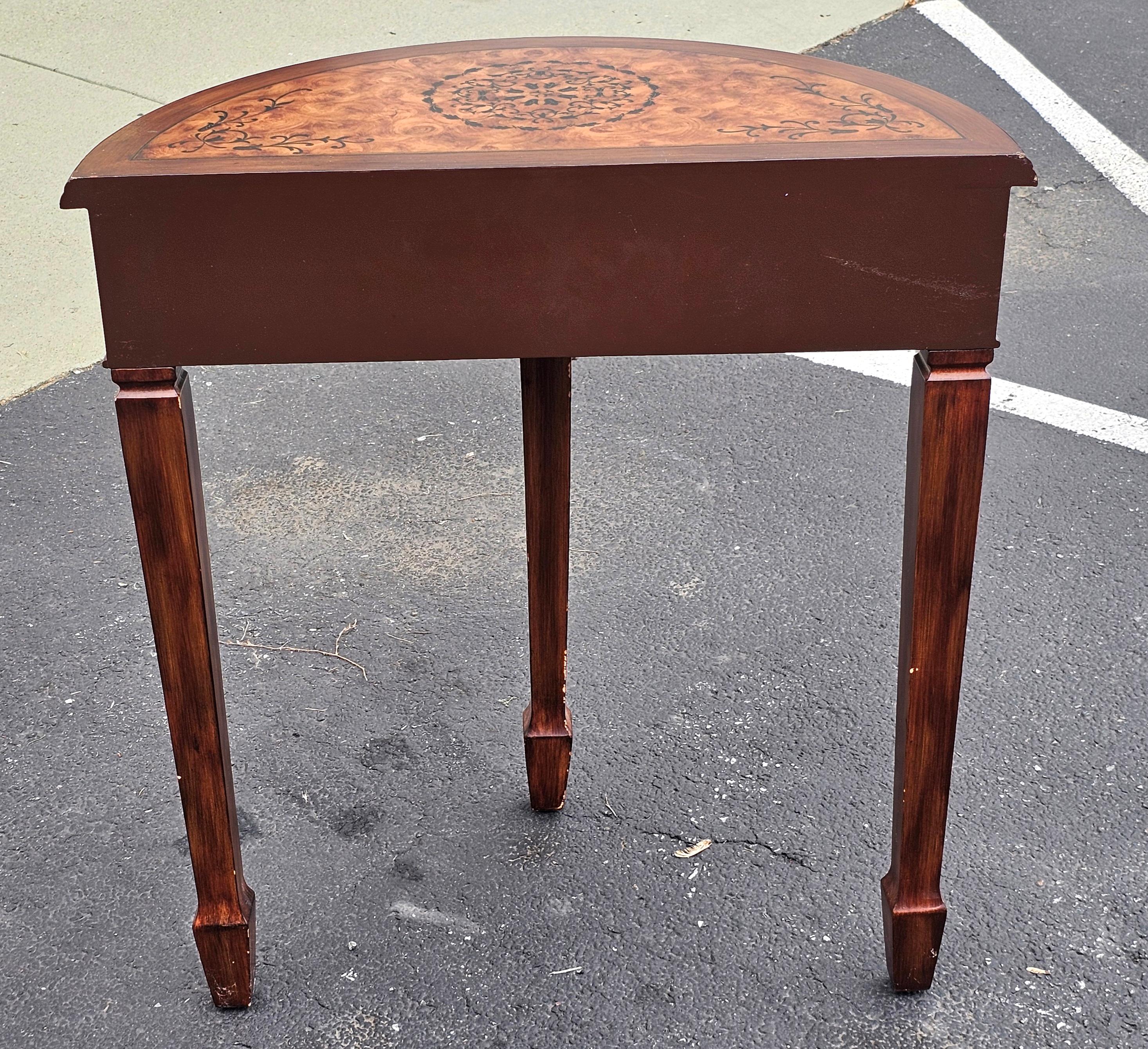 Contemporary George III Inlaid Burlwood Style Demilune Console Table For Sale