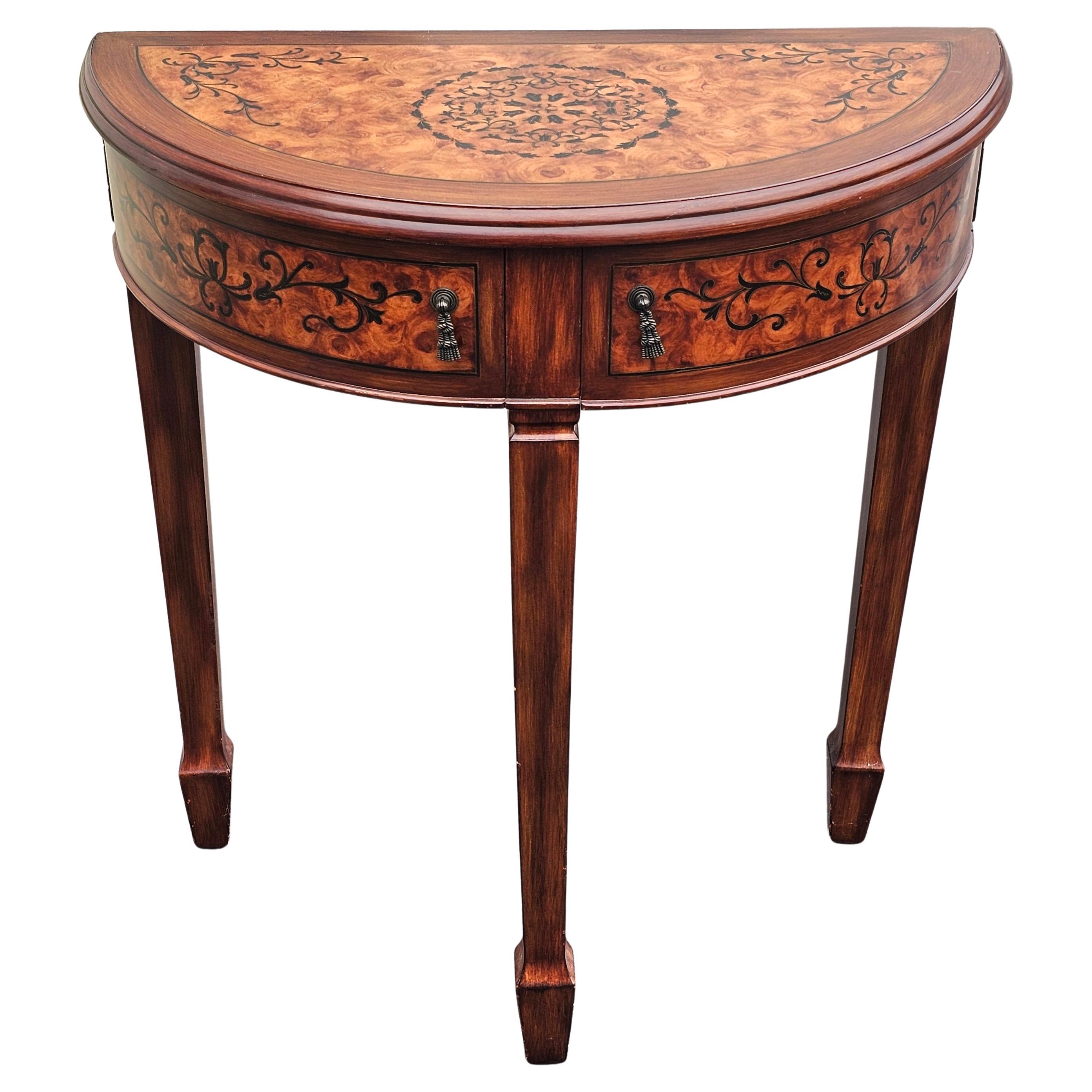 George III Inlaid Burlwood Style Demilune Console Table For Sale