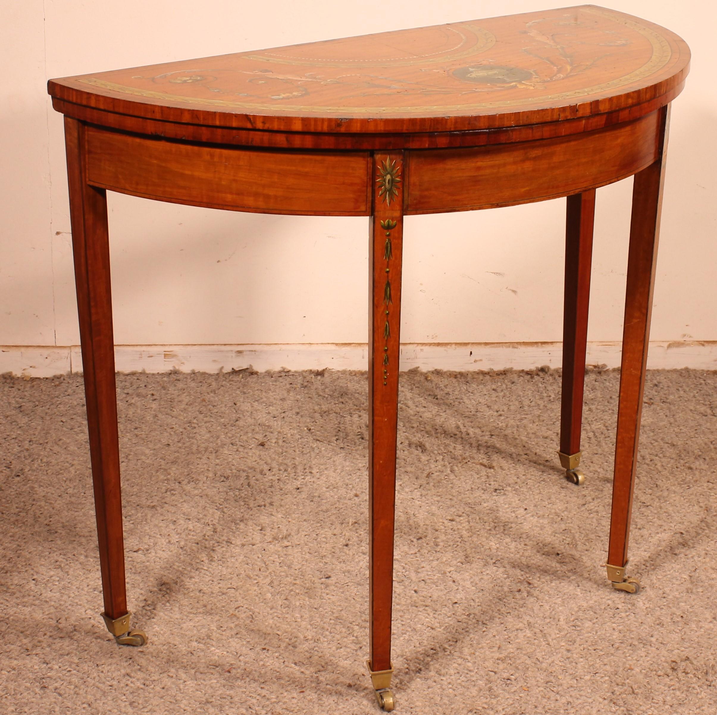 Irish George III Inlaid & Hand Painted Satinwood Console/ Card Table, Ireland For Sale