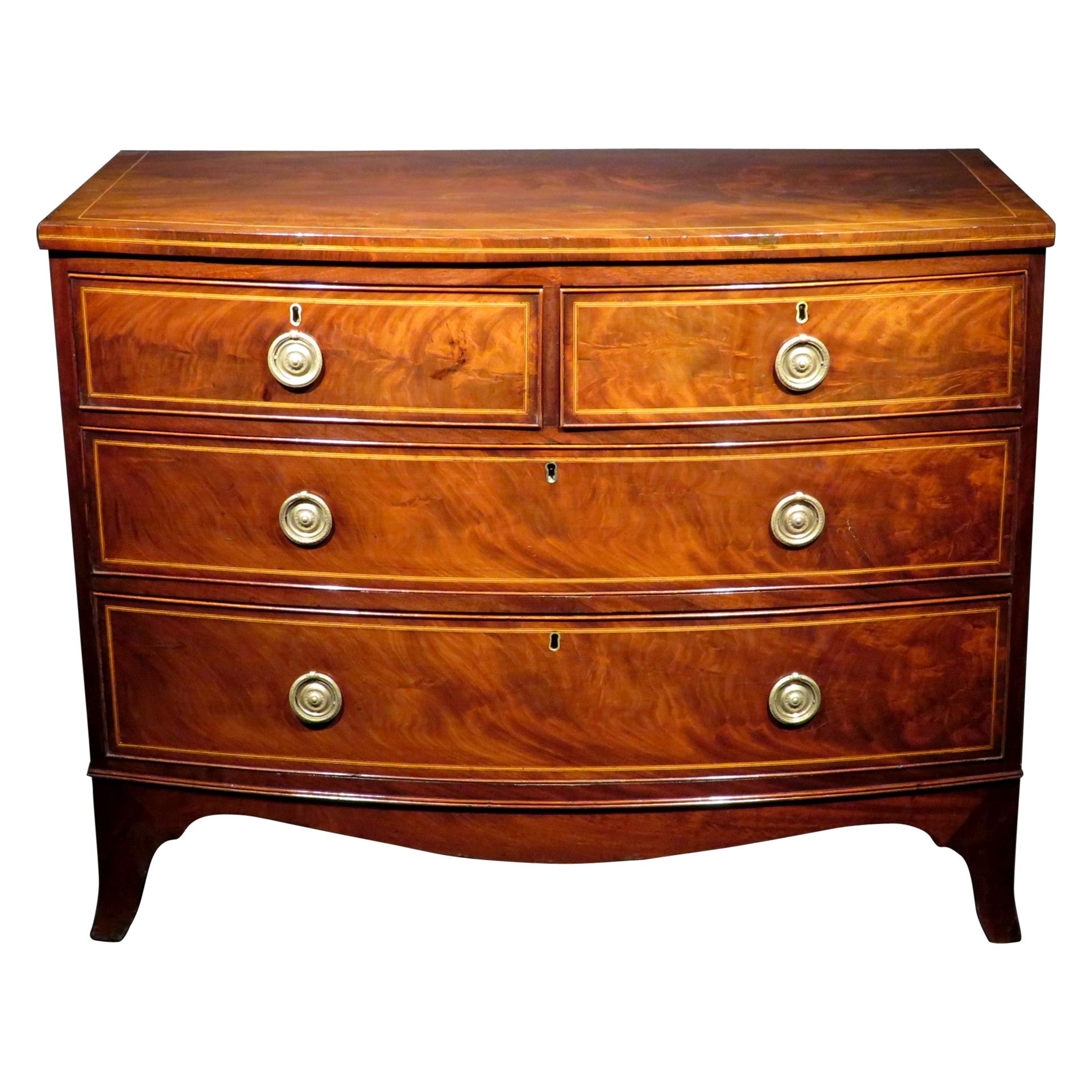 George III Inlaid Mahogany Bow Fronted Chest of Drawers, England Circa 1810