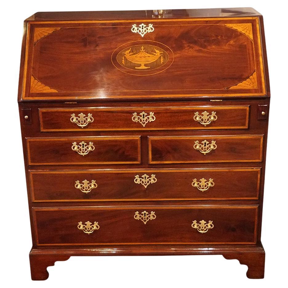George III inlaid mahogany bureau For Sale