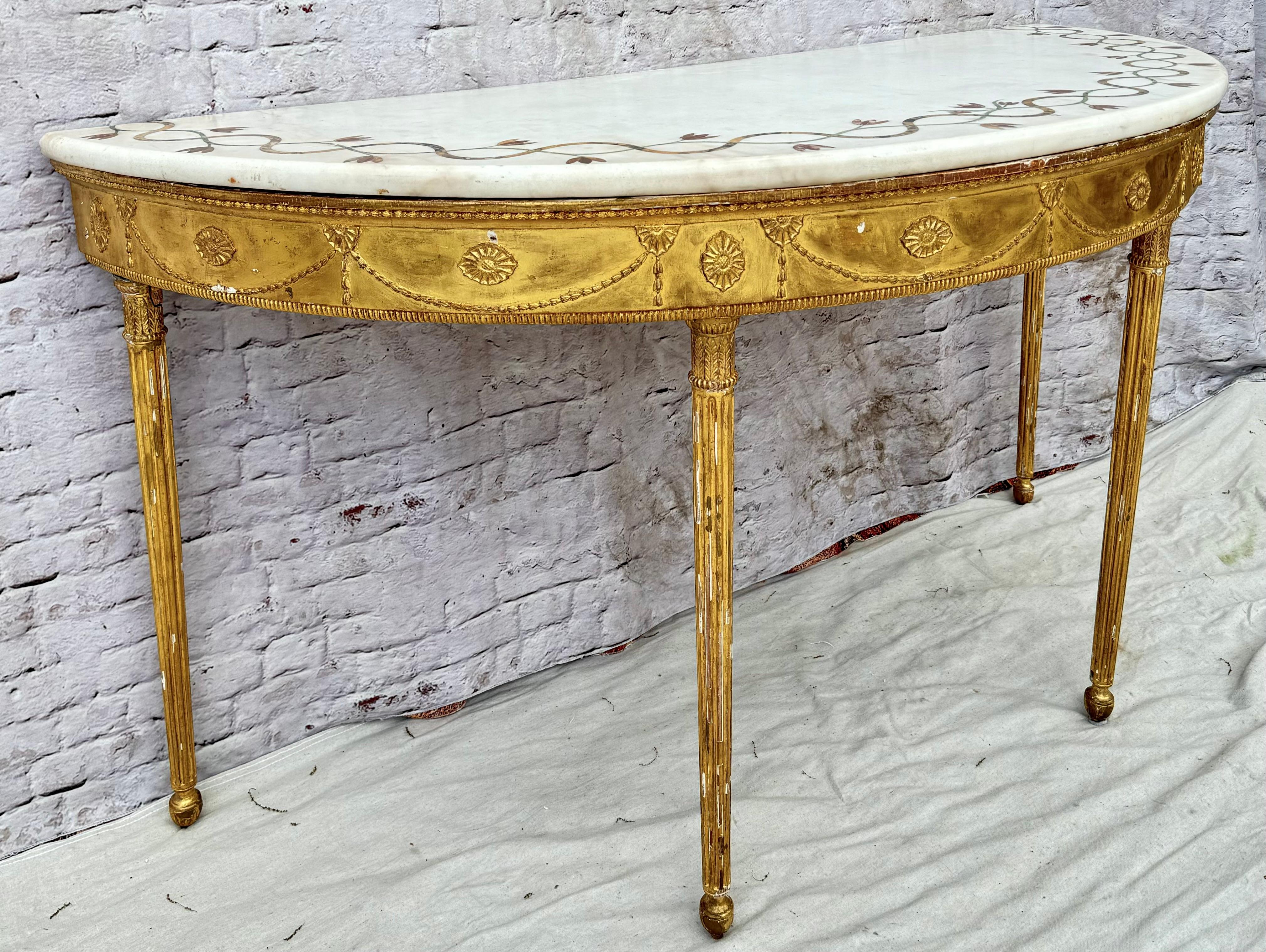 George III Inlaid Marble Top Giltwood Demilune Table For Sale 6