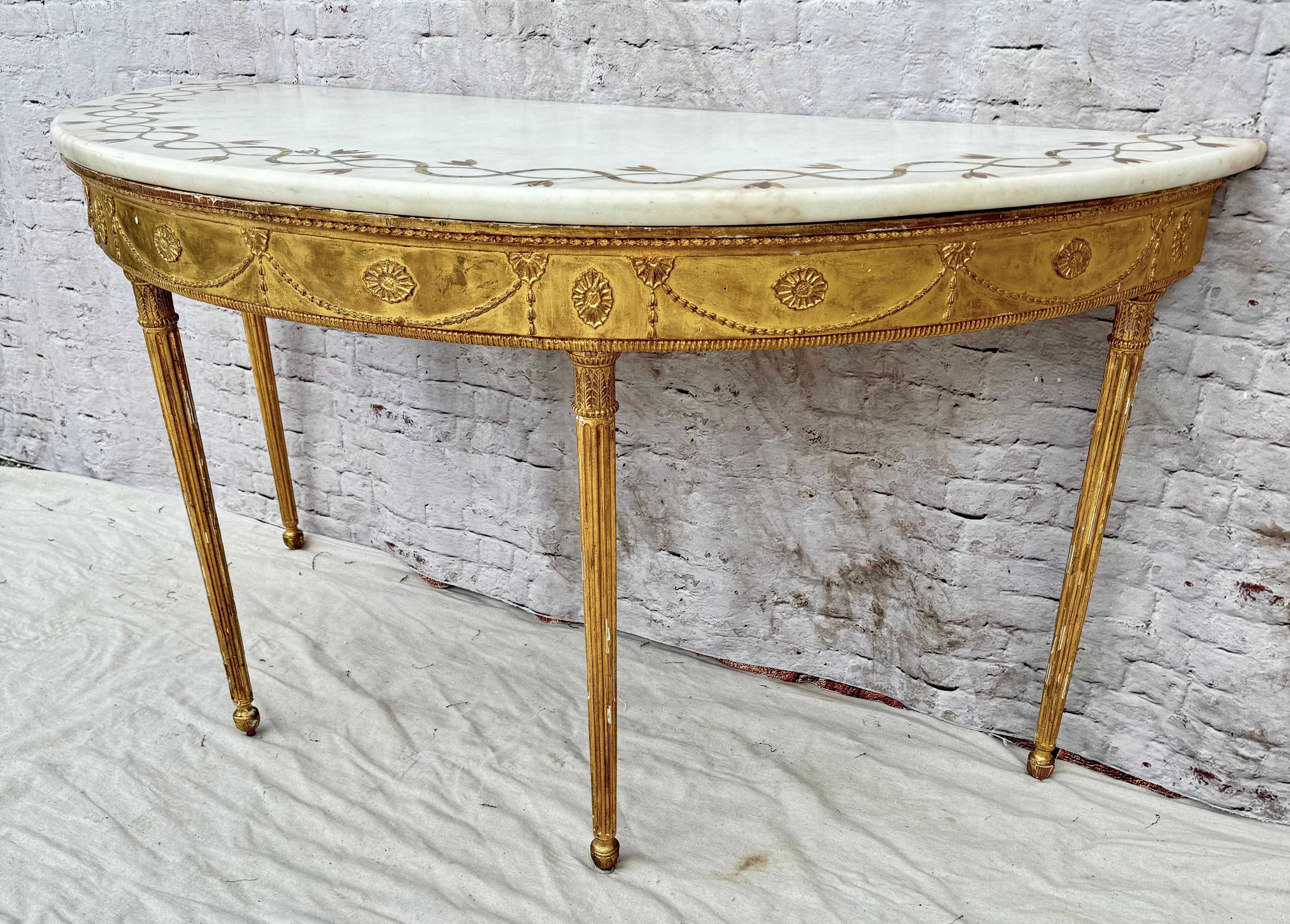 George III Inlaid Marble Top Giltwood Demilune Table For Sale 7