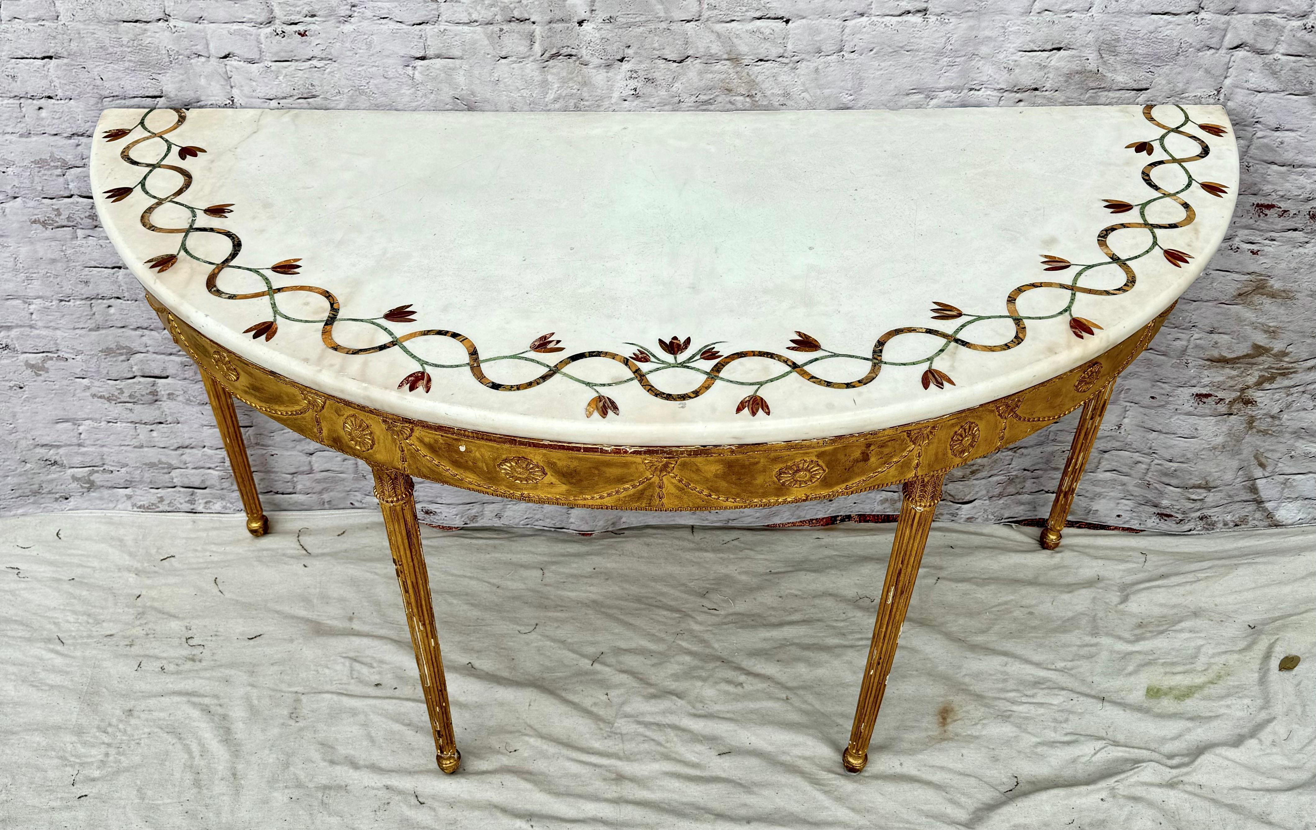 George III Inlaid Marble Top Giltwood Demilune Table For Sale 8