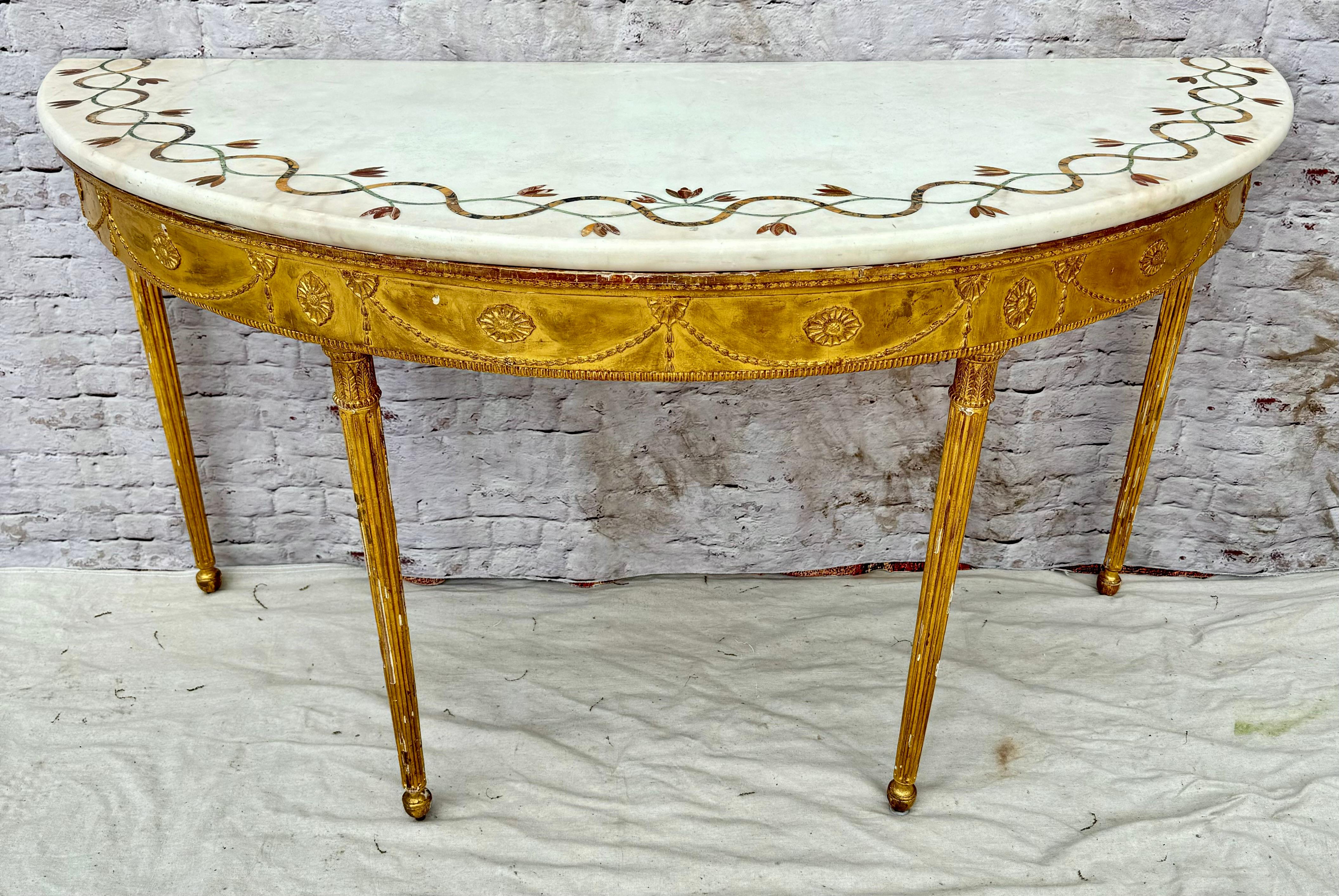 George III Inlaid Marble Top Giltwood Demilune Table For Sale 9