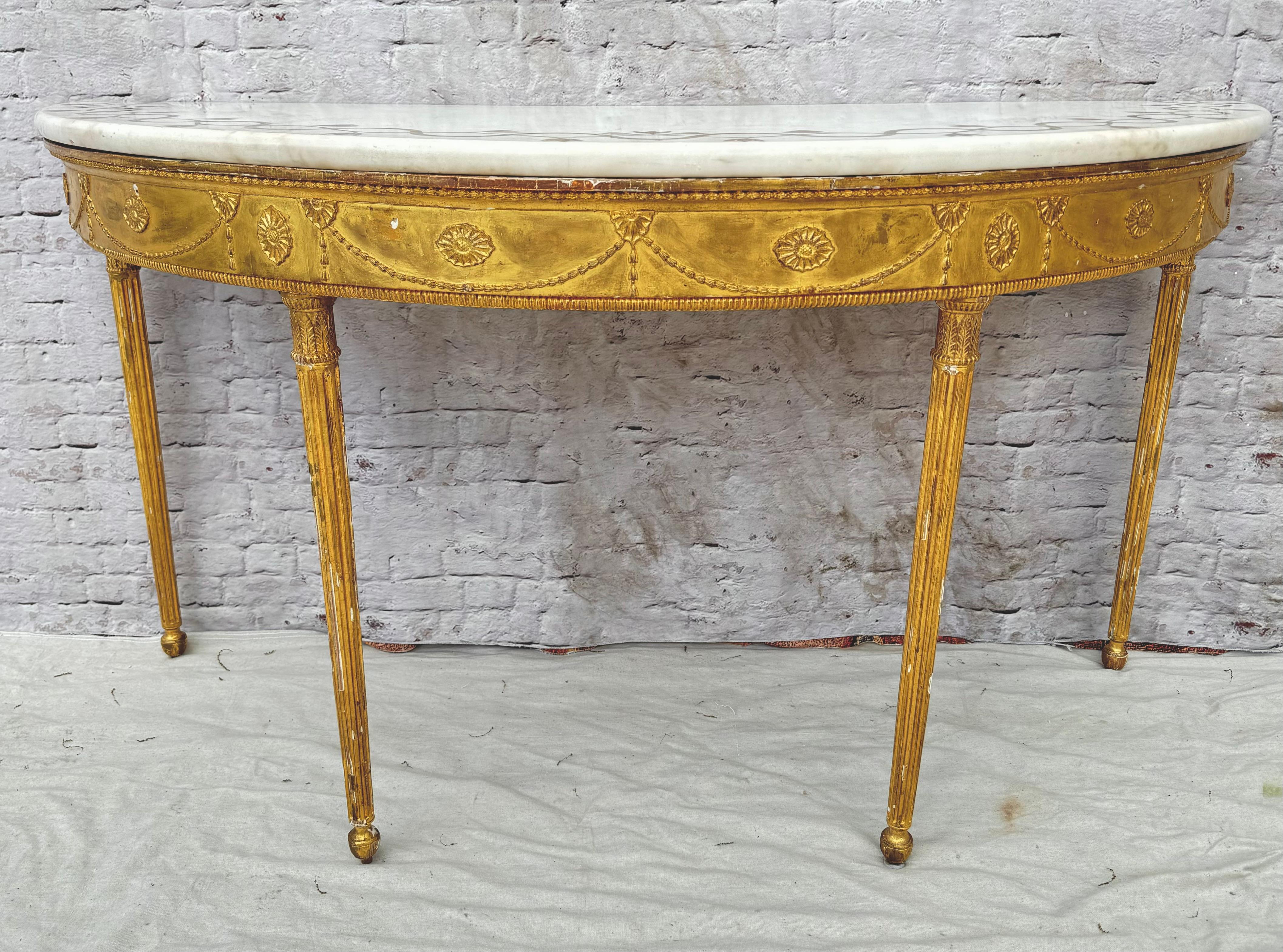 George III Inlaid Marble Top Giltwood Demilune Table For Sale 10