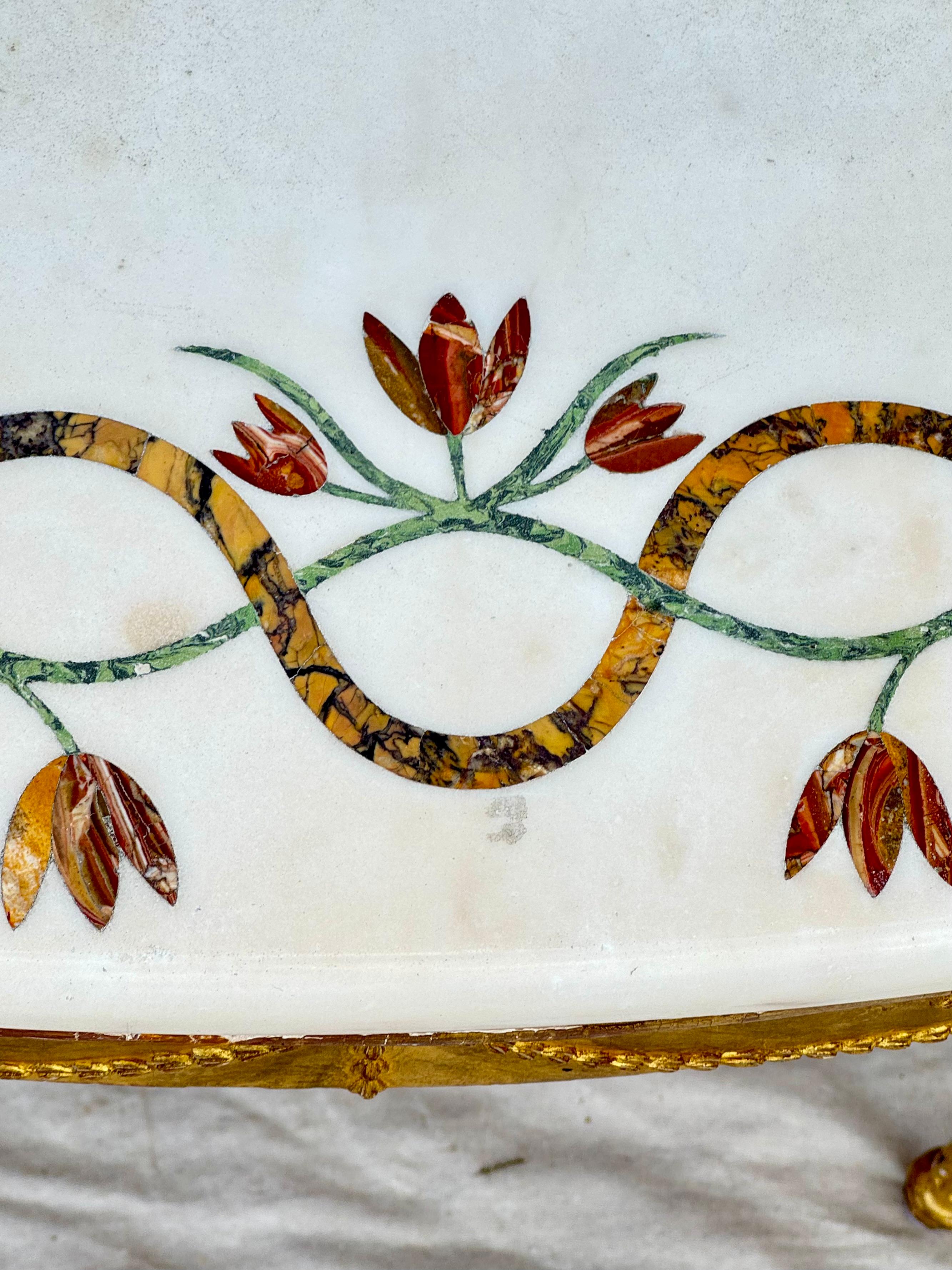 George III Inlaid Marble Top Giltwood Demilune Table For Sale 3