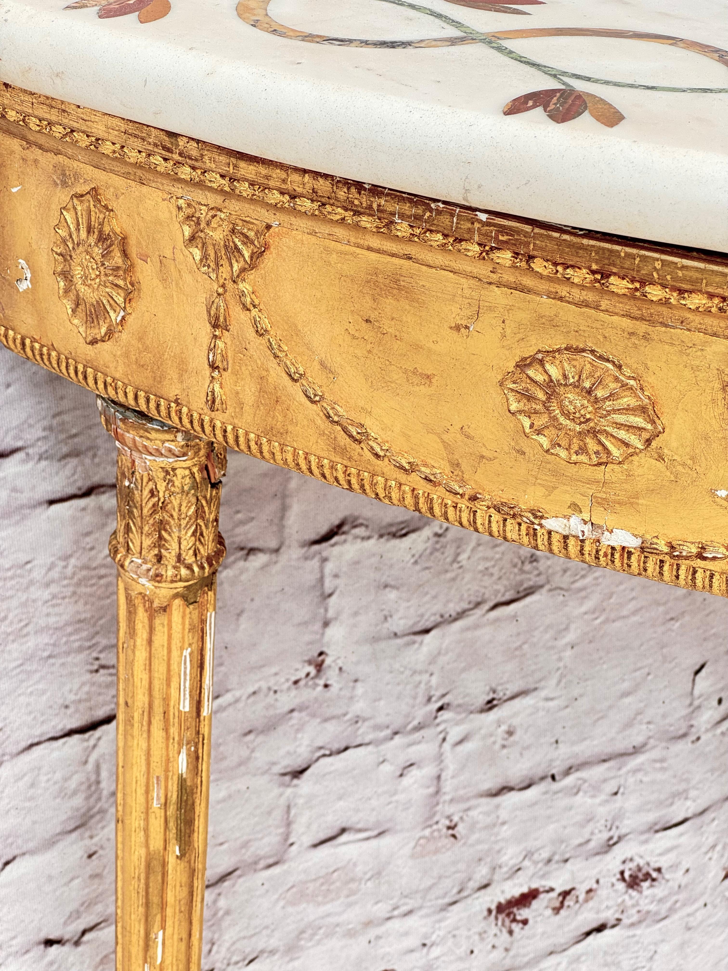 George III Inlaid Marble Top Giltwood Demilune Table For Sale 4