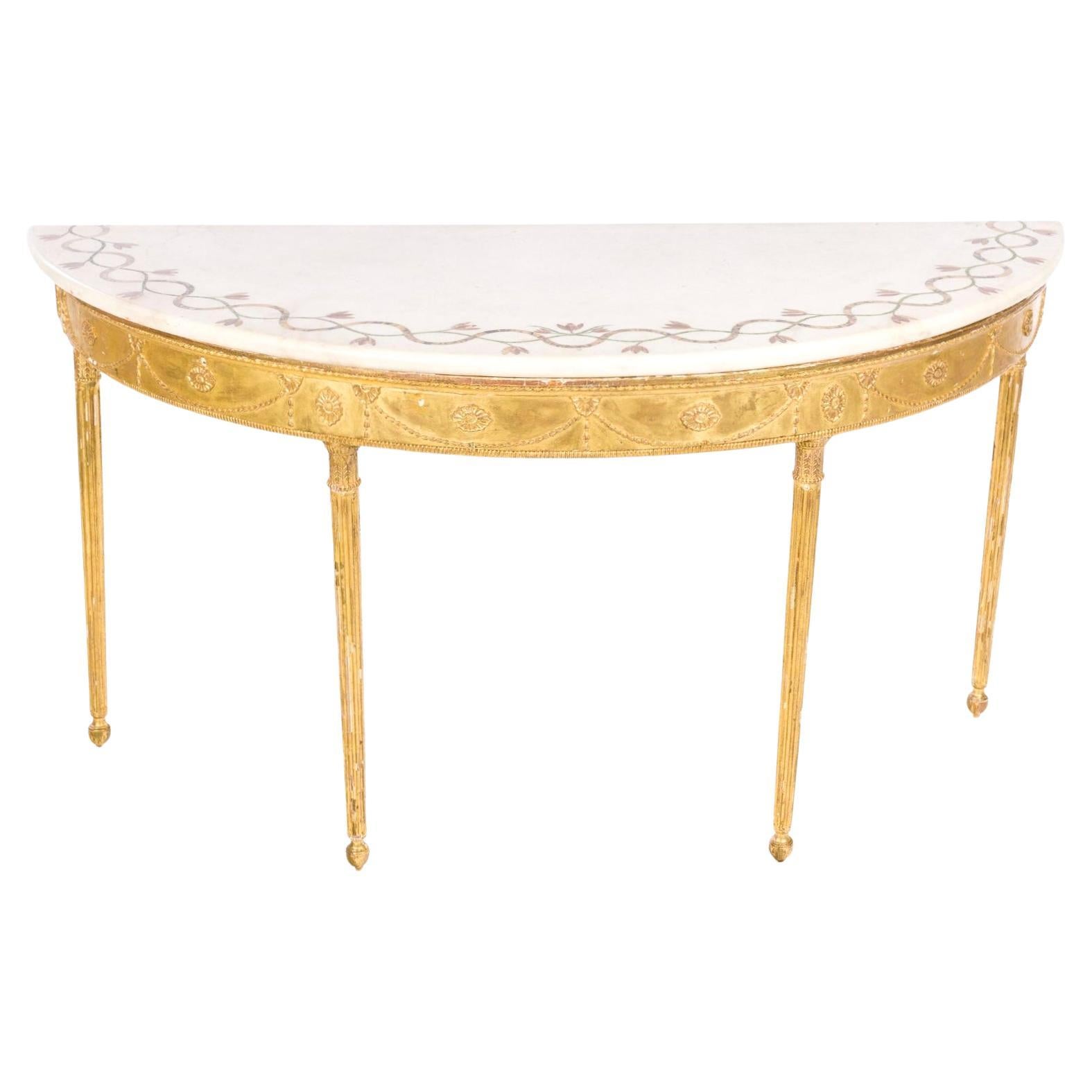 George III Inlaid Marble Top Giltwood Demilune Table