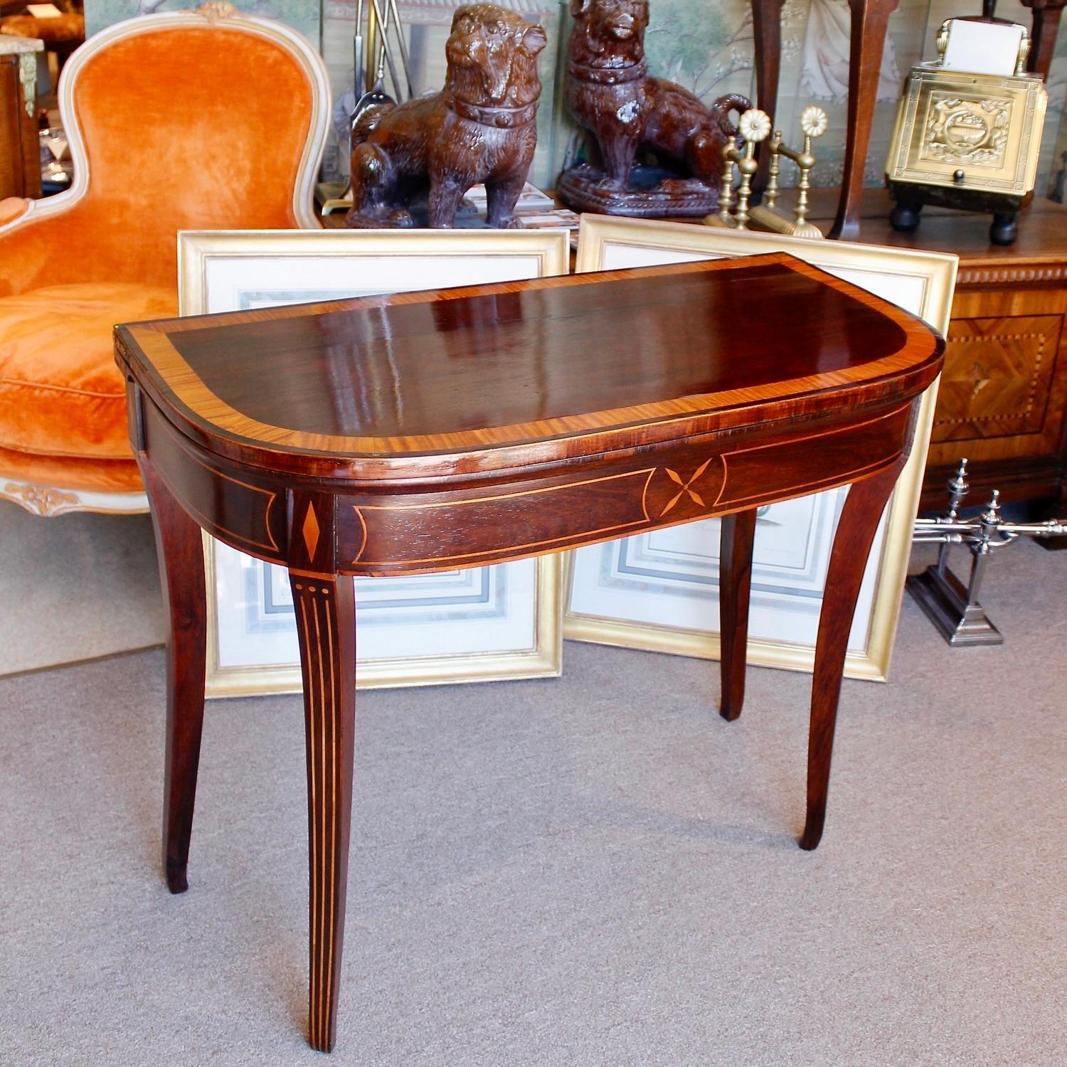 Marquetry George III Inlaid Rosewood Flip Top Demilune Card Table For Sale